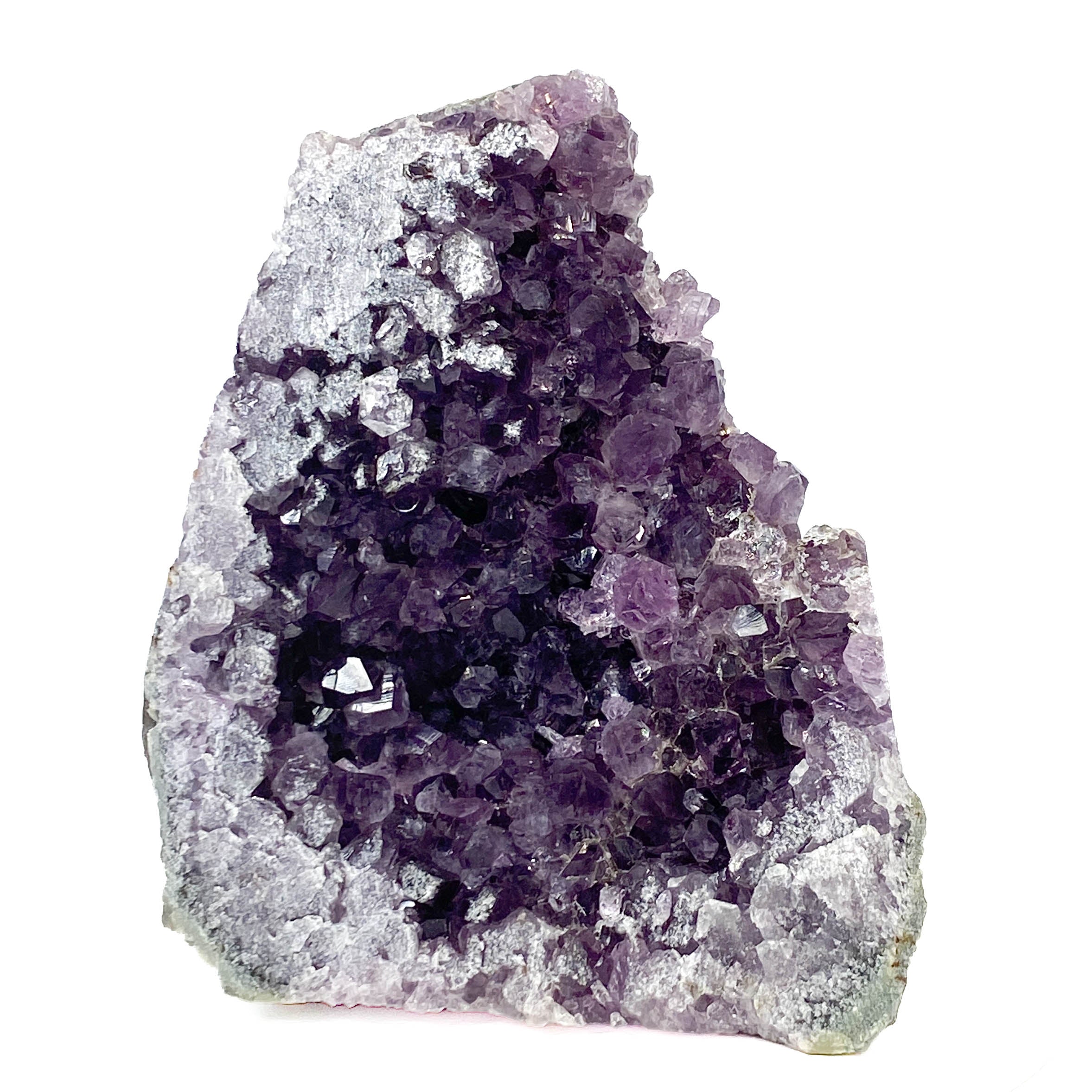 Dark purple amethyst cluster with cross-cut crystal faces on white background
