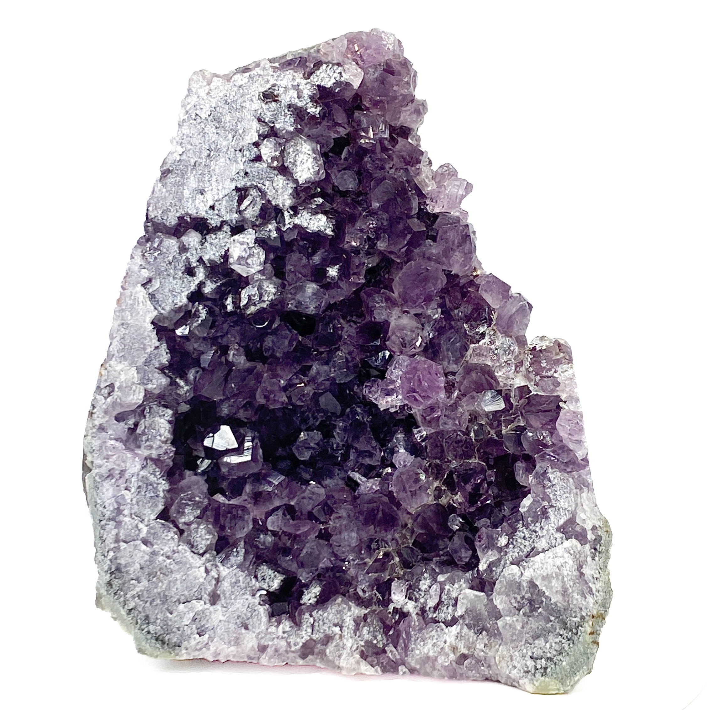 Dark purple amethyst cluster with cross-cut crystal faces on white background