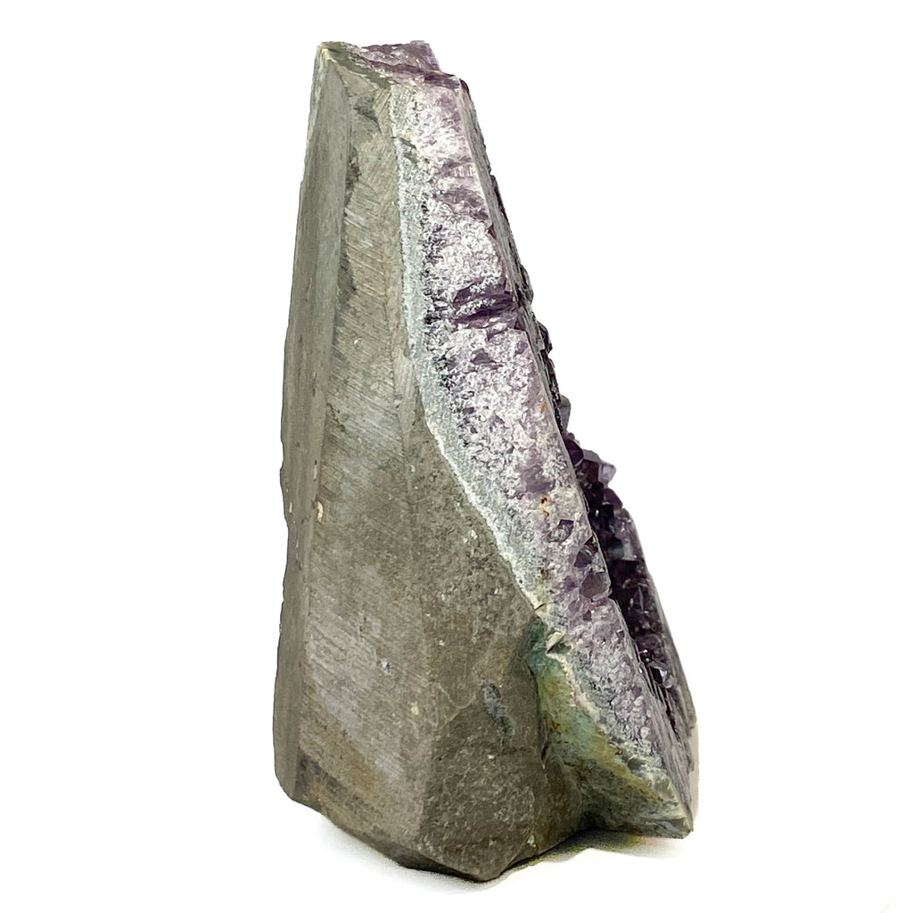 Dark purple amethyst cluster with cross-cut crystal faces on white background