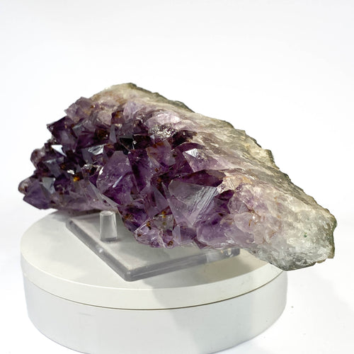 Elongated amethyst cluster with clear, iron-included crystals on white background