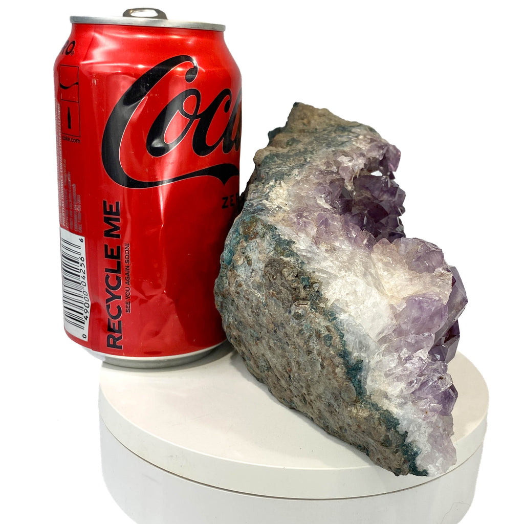 Dark amethyst horizontal standing cluster with small stalactites, a soda can for scale
