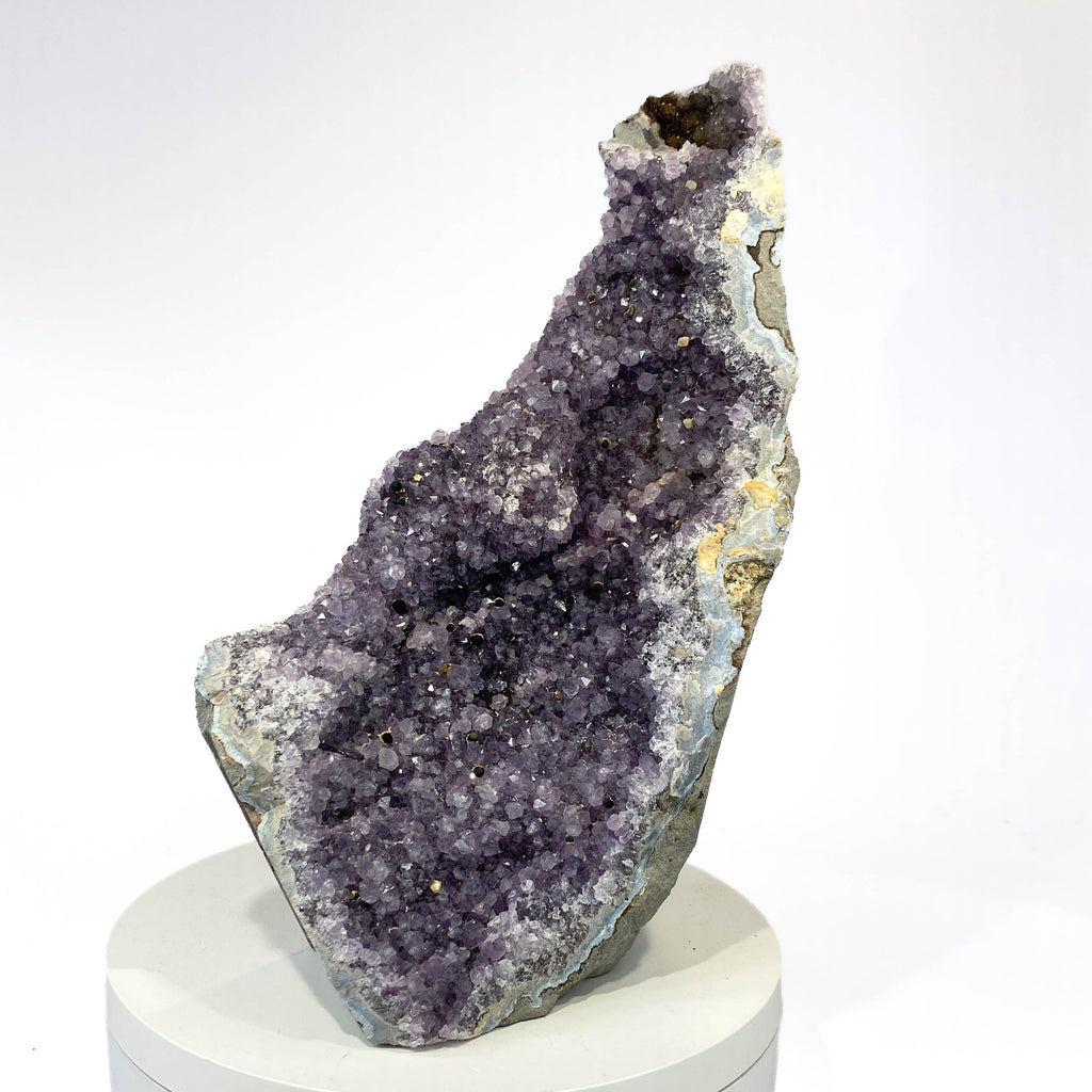 Standing deep amethyst cluster with black nodule inclusions on white background