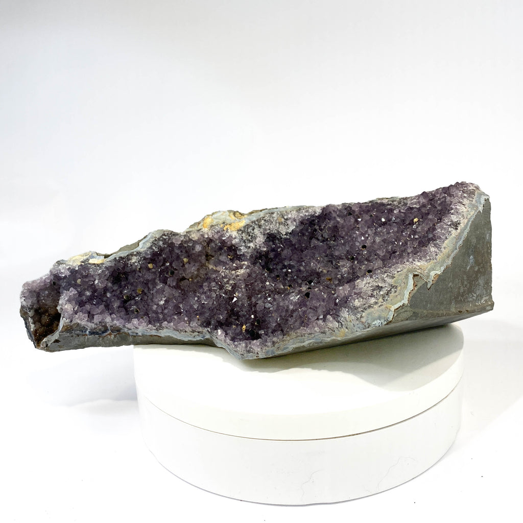 Standing deep amethyst cluster with black nodule inclusions on white background