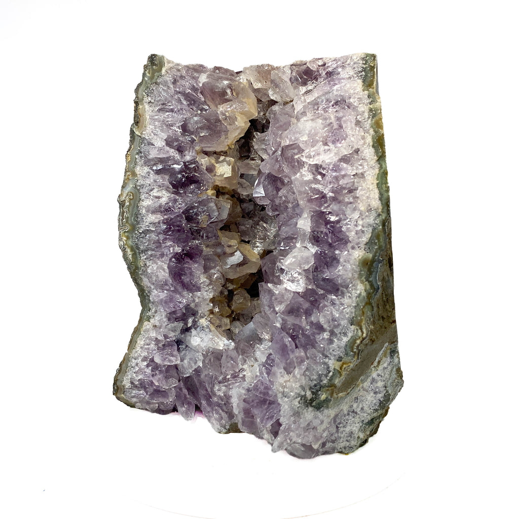 Amethyst geode cross section with clear crystal delineation on white background