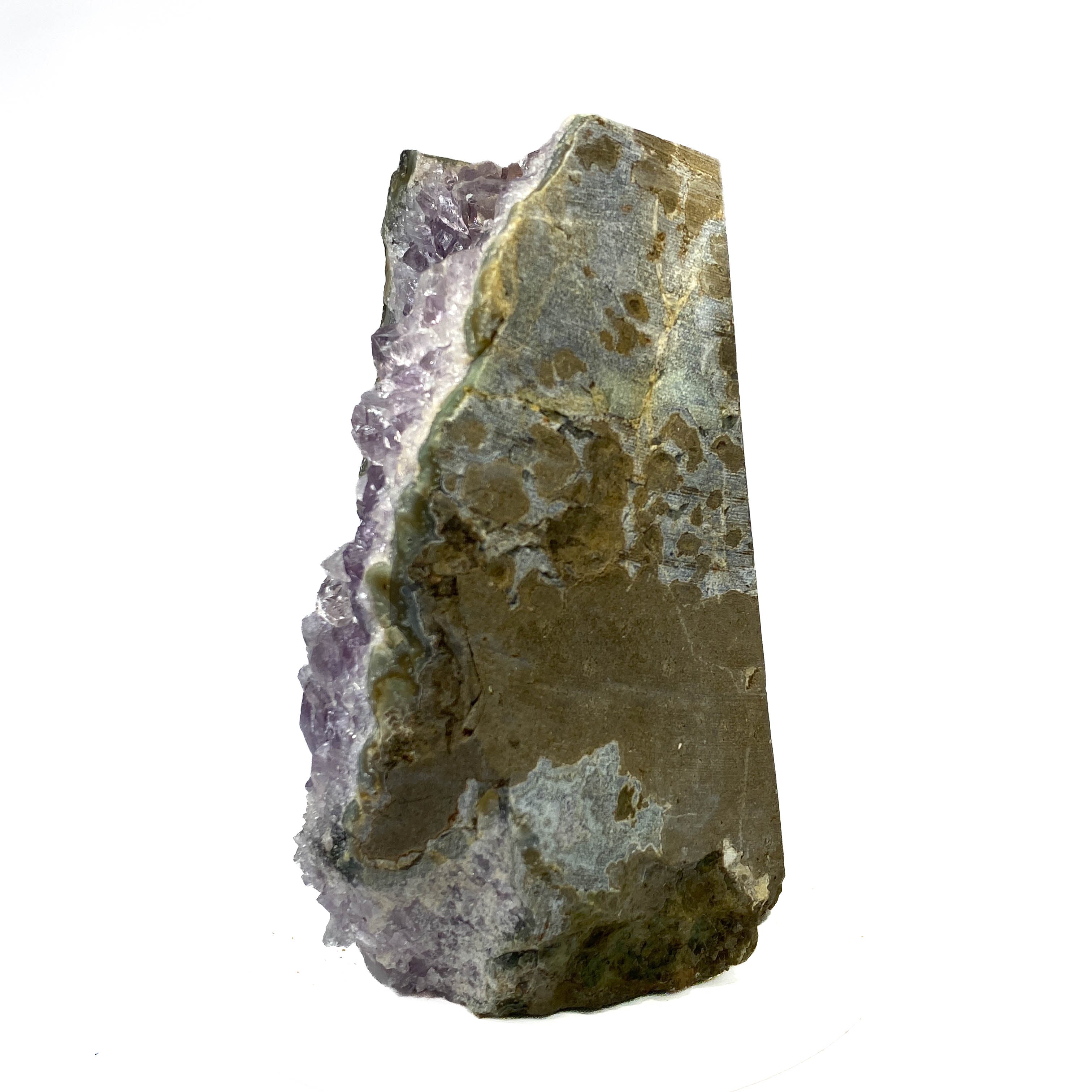 A raw amethyst crystal cluster with a polished brown and gray outer surface, photographed on a solid white background.