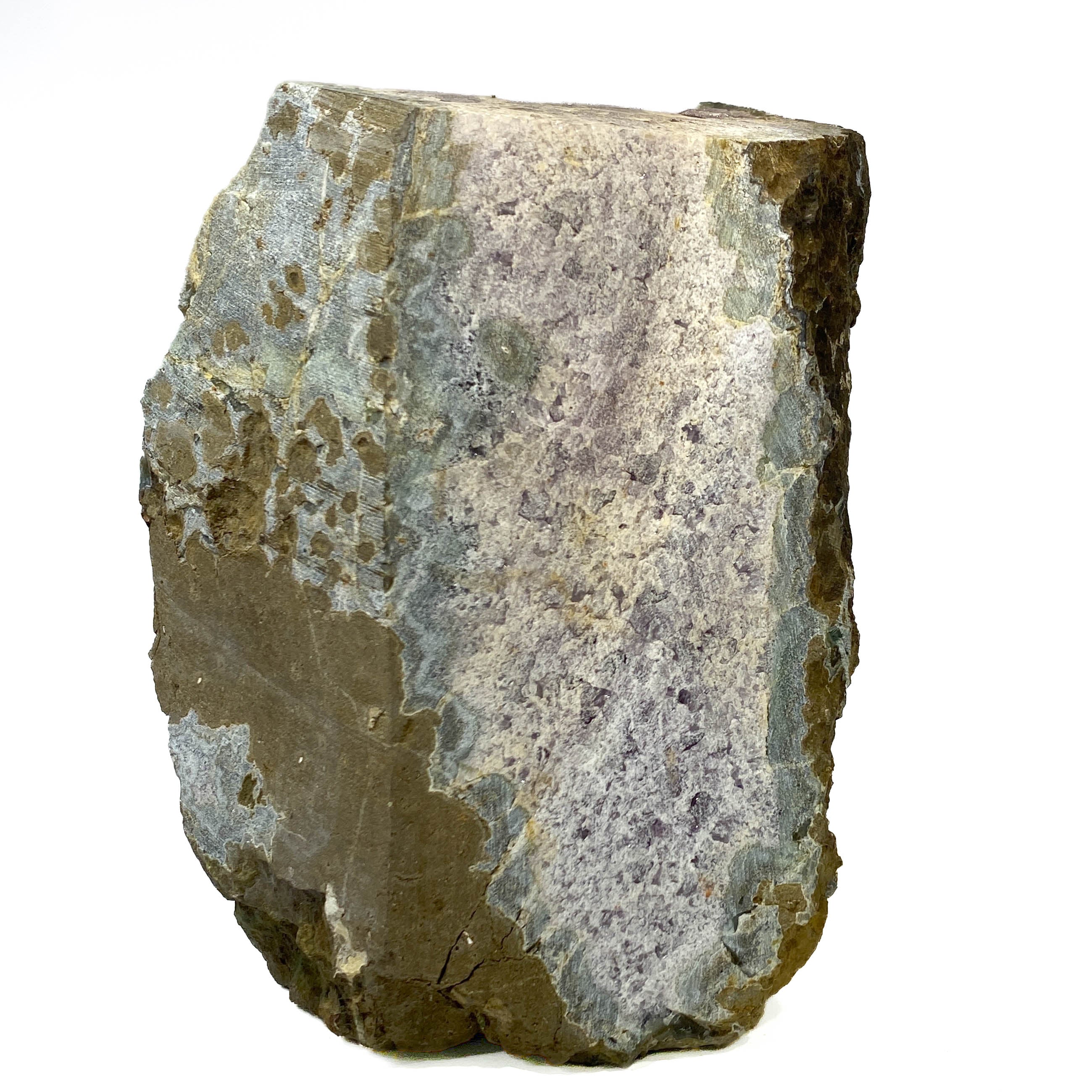 Amethyst geode cross section with clear crystal delineation on white background