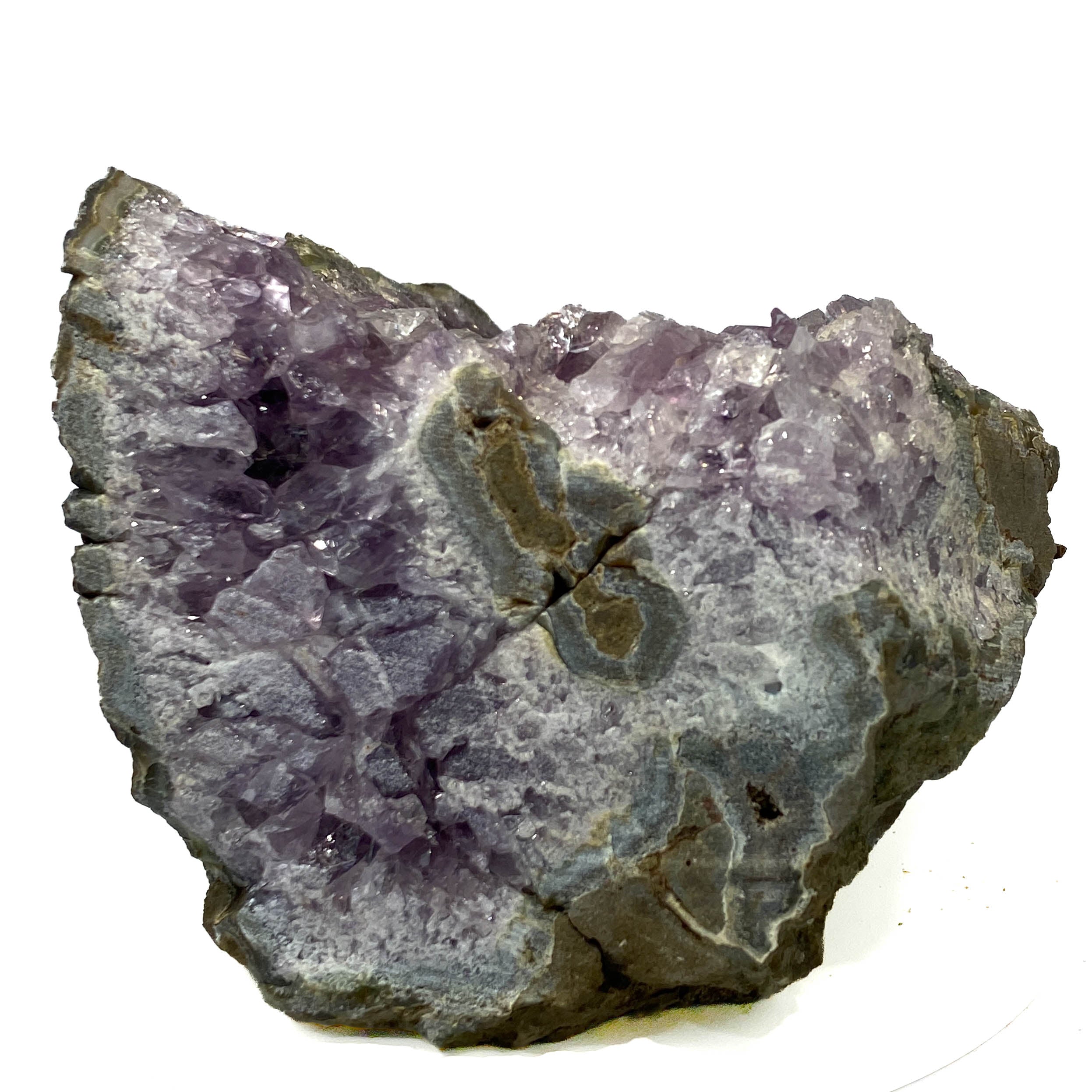 Amethyst geode cross section with clear crystal delineation on white background