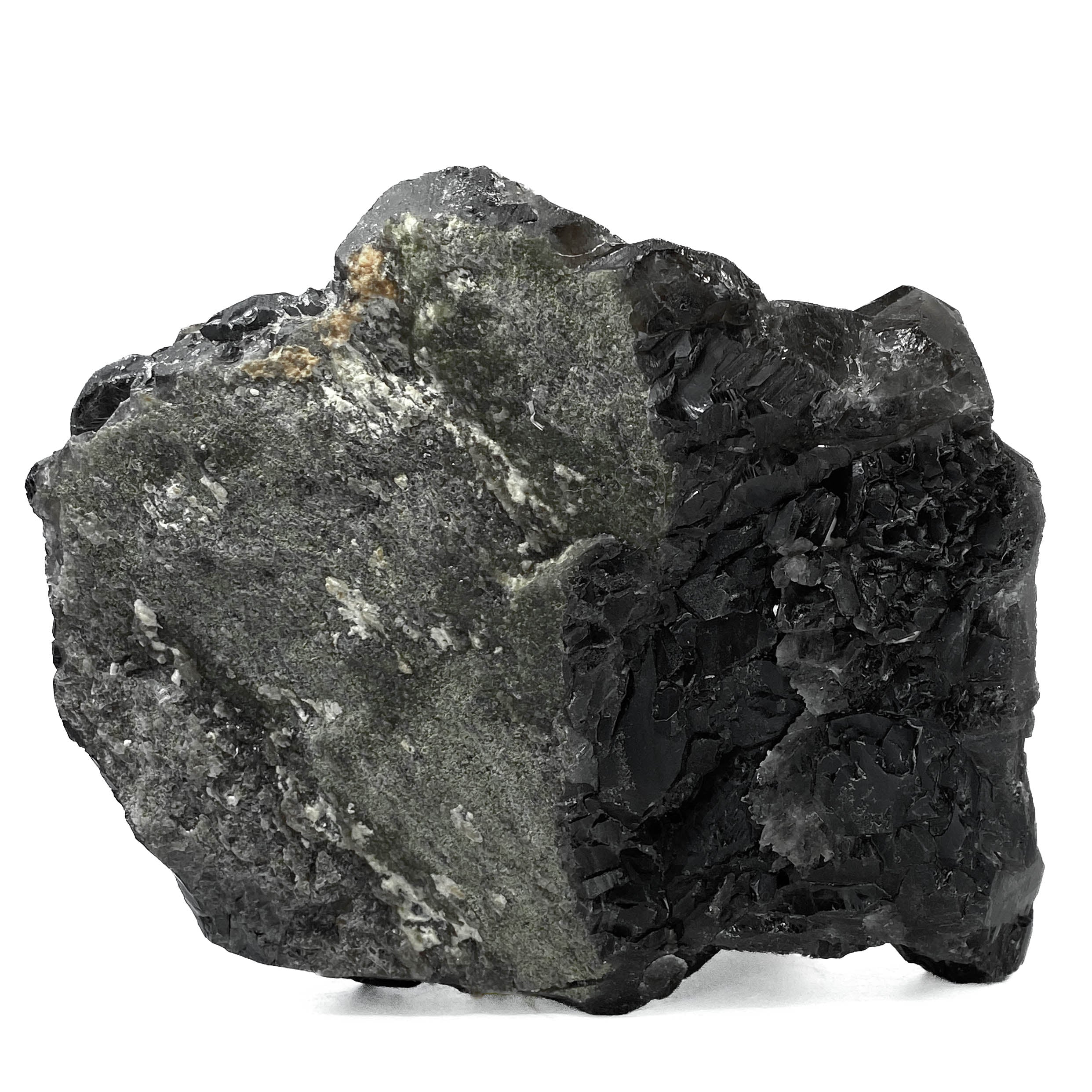 Black smoky quartz cluster with translucent crystals and good points on white background
