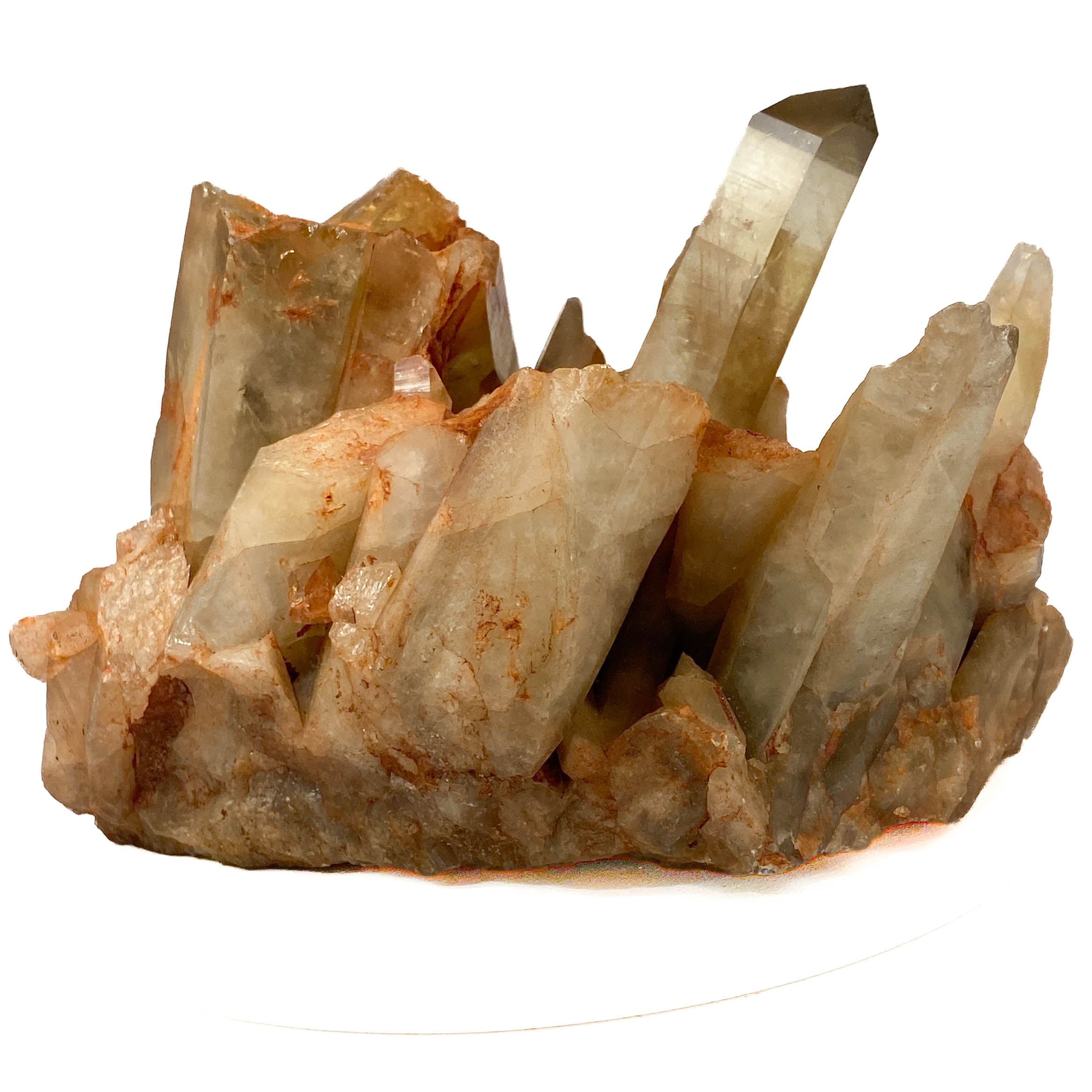 Citrine and golden healer quartz cluster with strong citrine point on white background