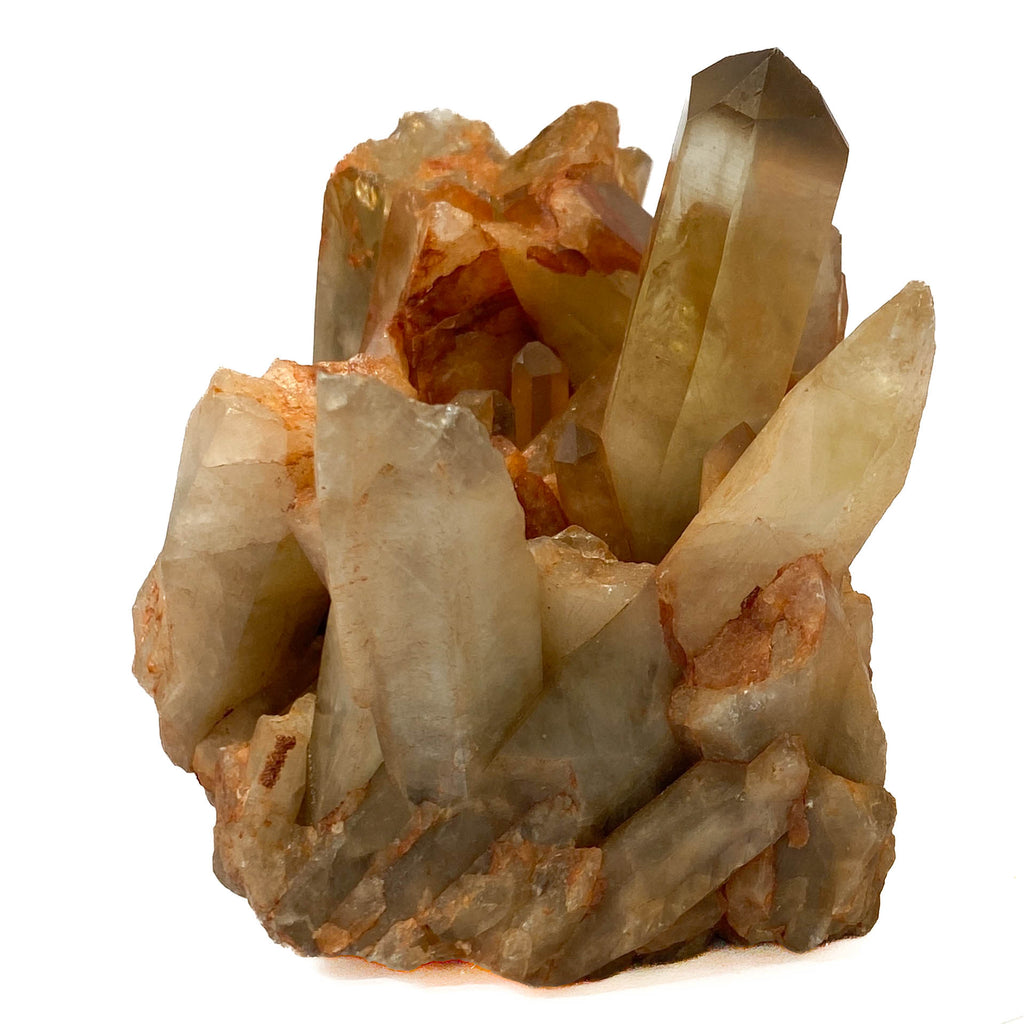 Citrine and golden healer quartz cluster with strong citrine point on white background