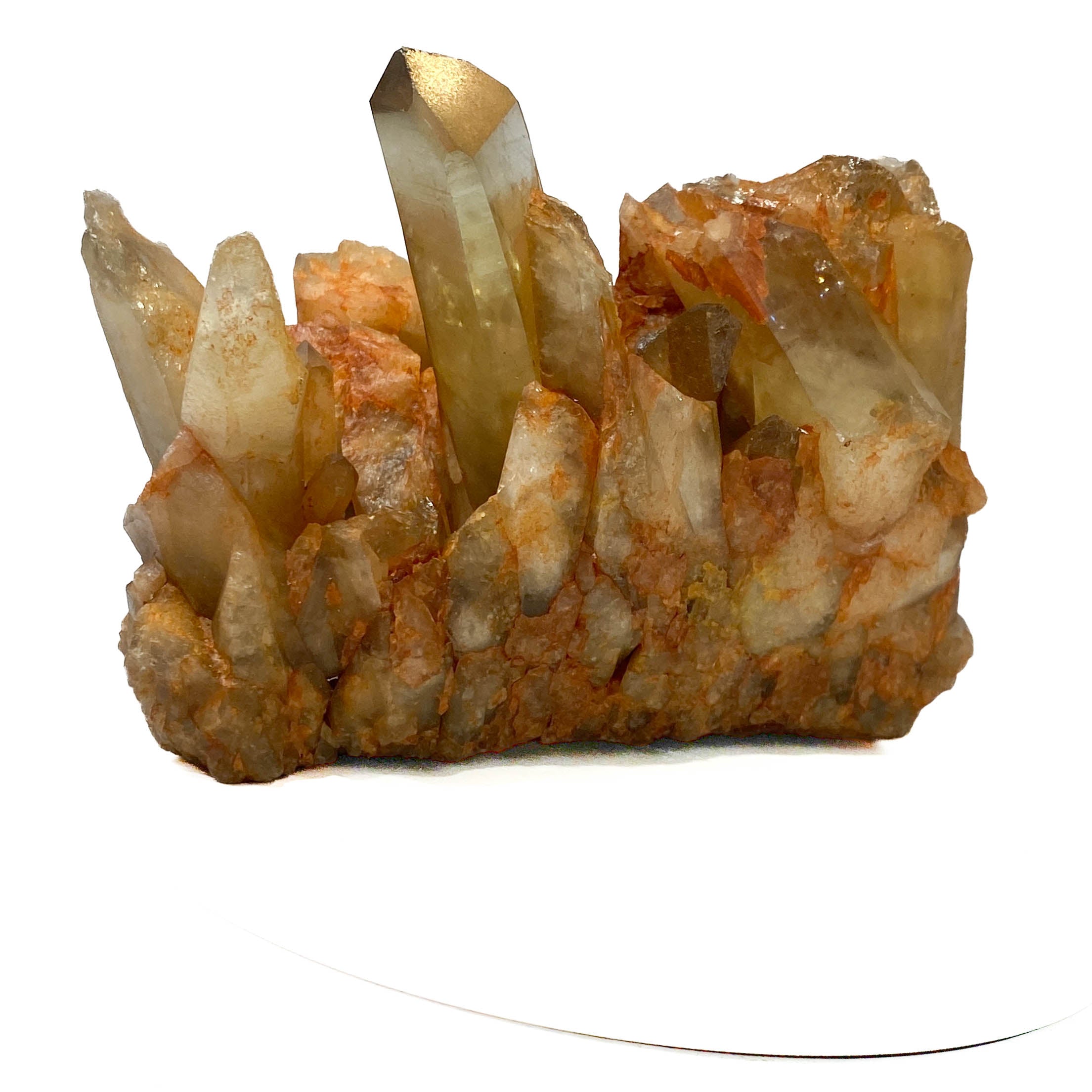 Citrine and golden healer quartz cluster with strong citrine point on white background