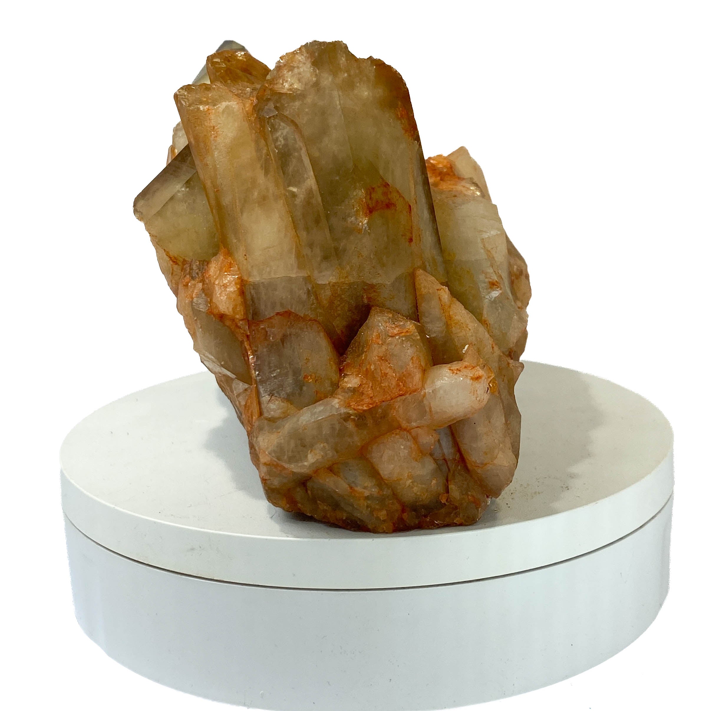 Citrine and golden healer quartz cluster with strong citrine point on white background