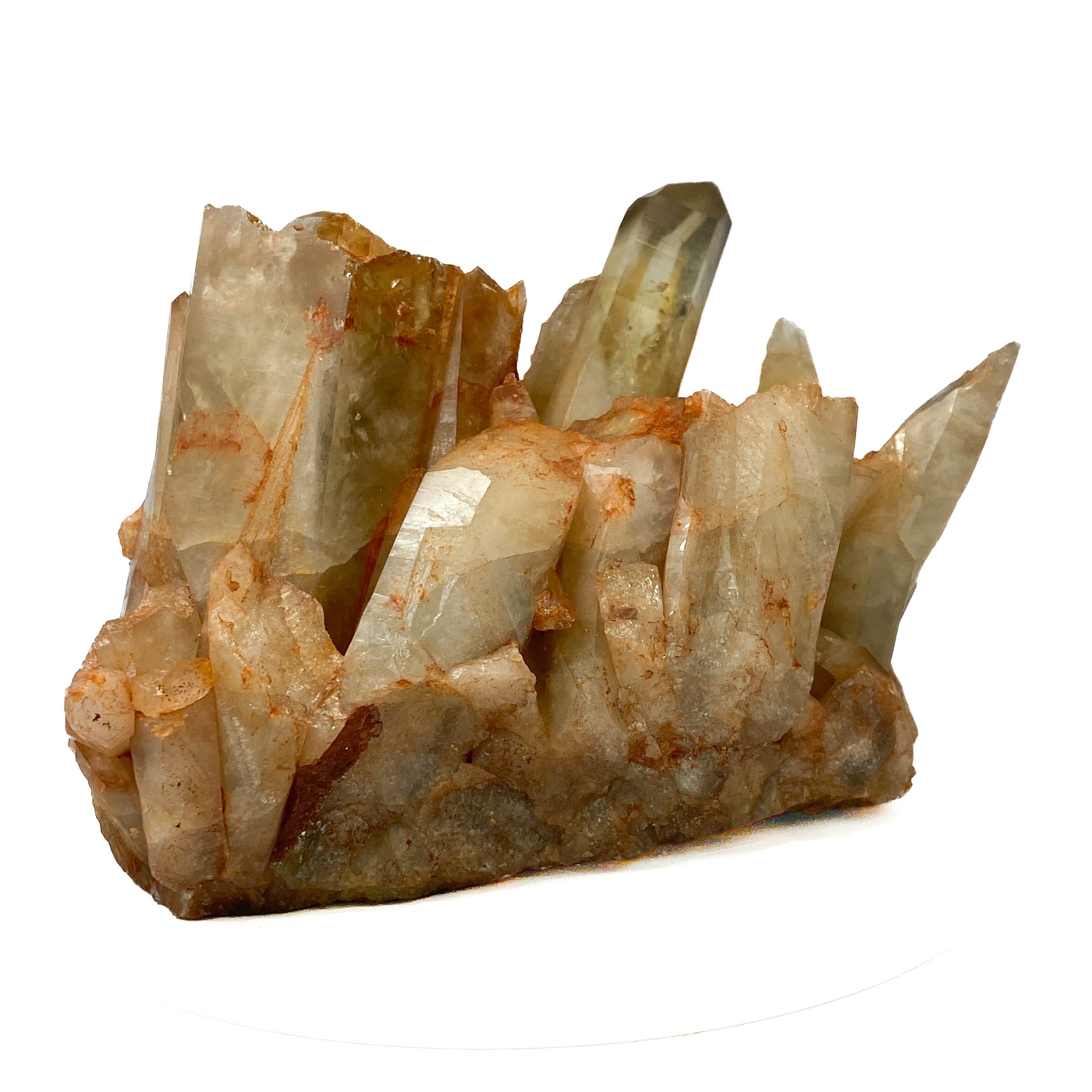 Citrine and golden healer quartz cluster with strong citrine point on white background