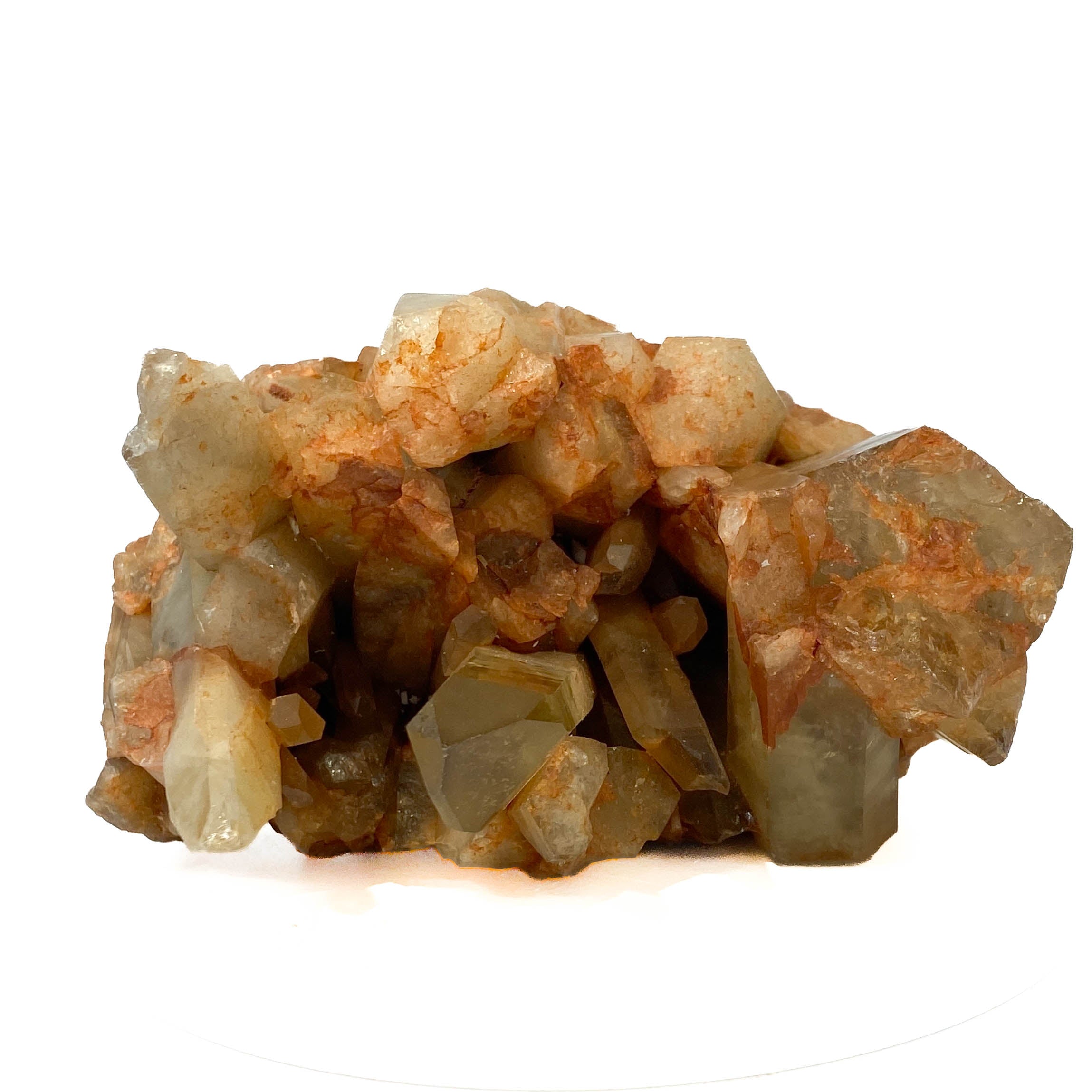 Citrine and golden healer quartz cluster with strong citrine point on white background