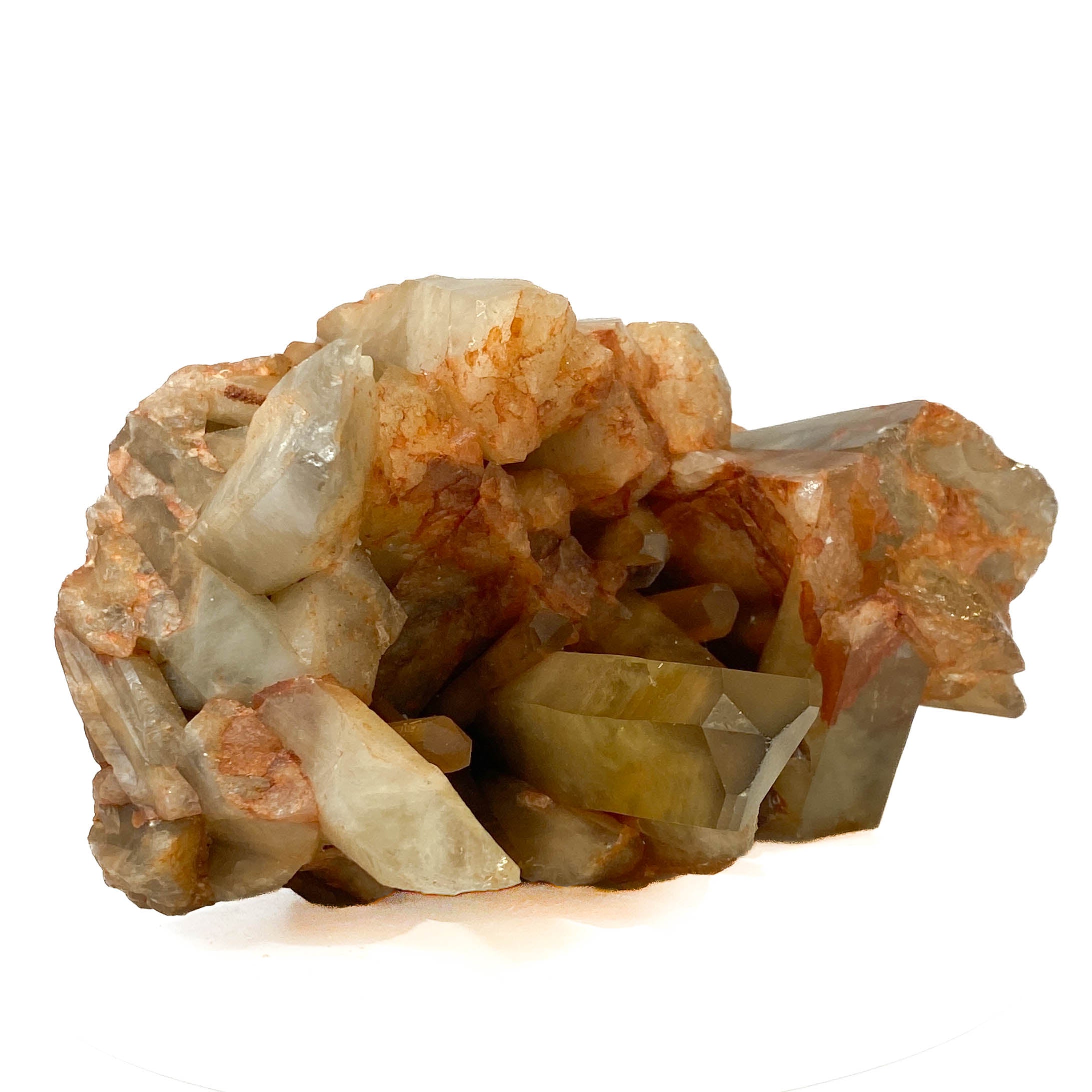 Citrine and golden healer quartz cluster with strong citrine point on white background