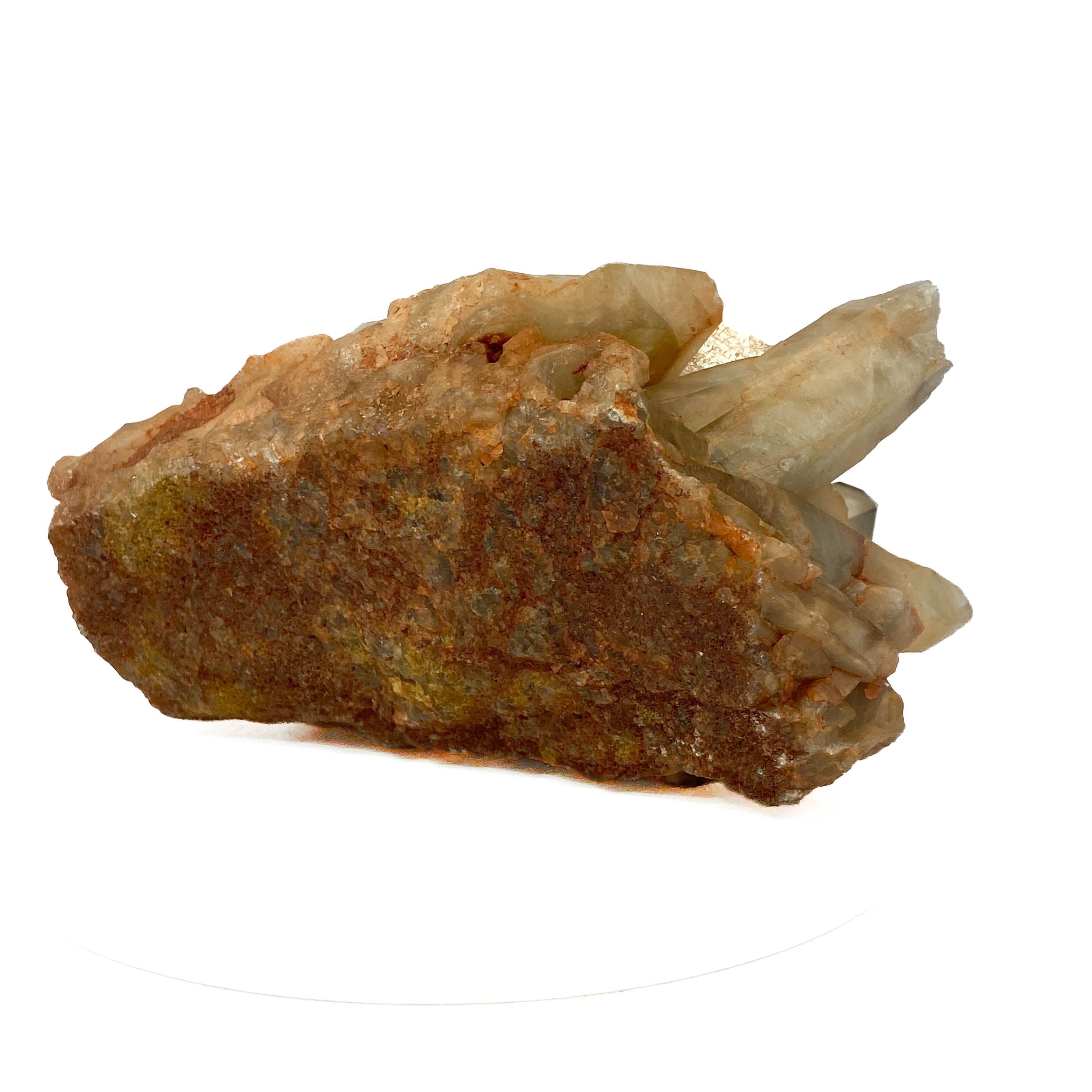 Citrine and golden healer quartz cluster with strong citrine point on white background
