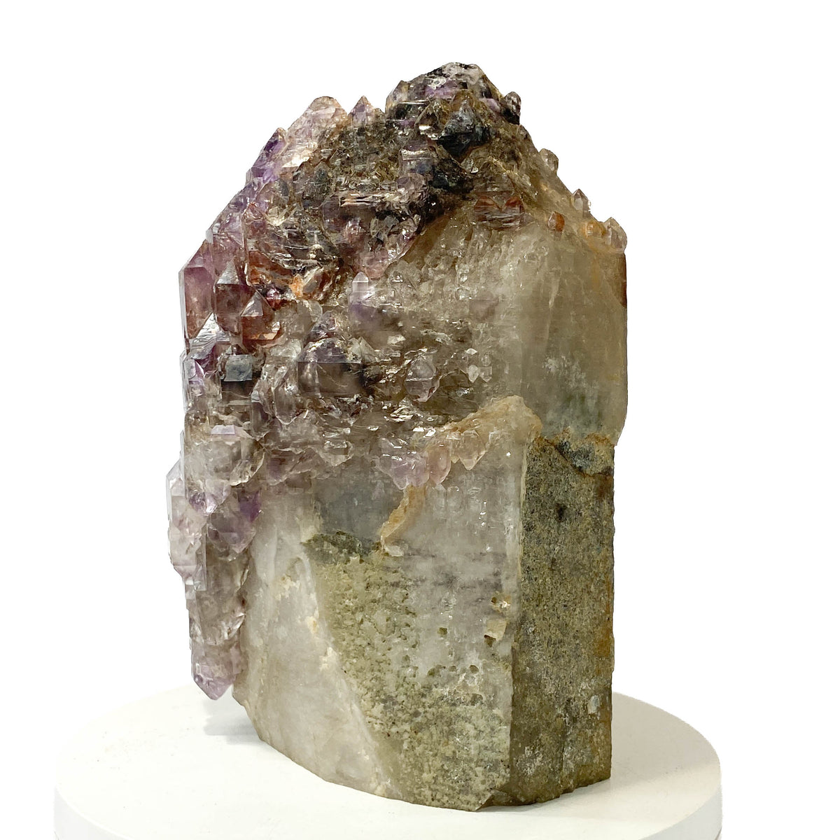 Montana amethyst standing crystal with jacaré elestial formation on white background