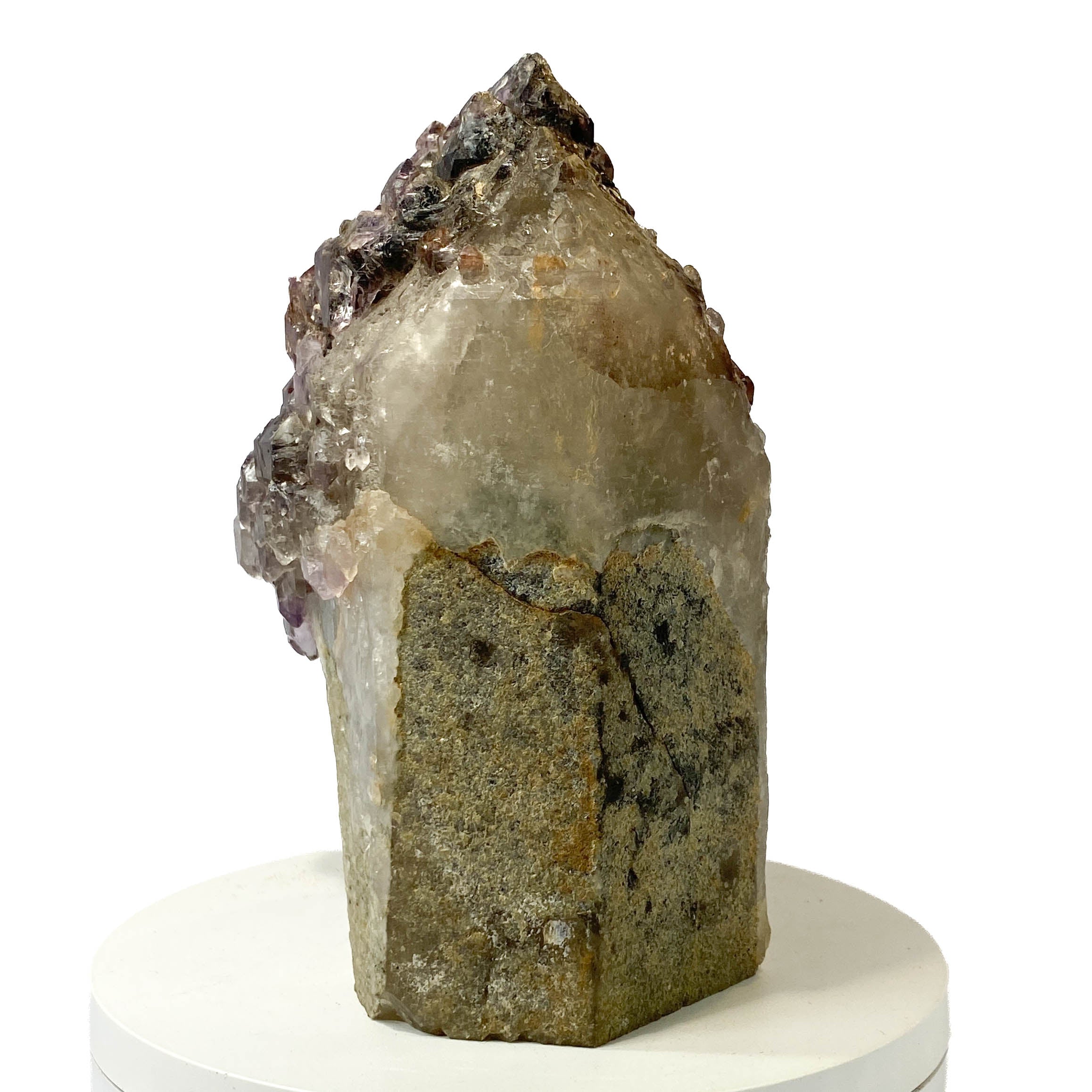Montana amethyst standing crystal with jacaré elestial formation on white background