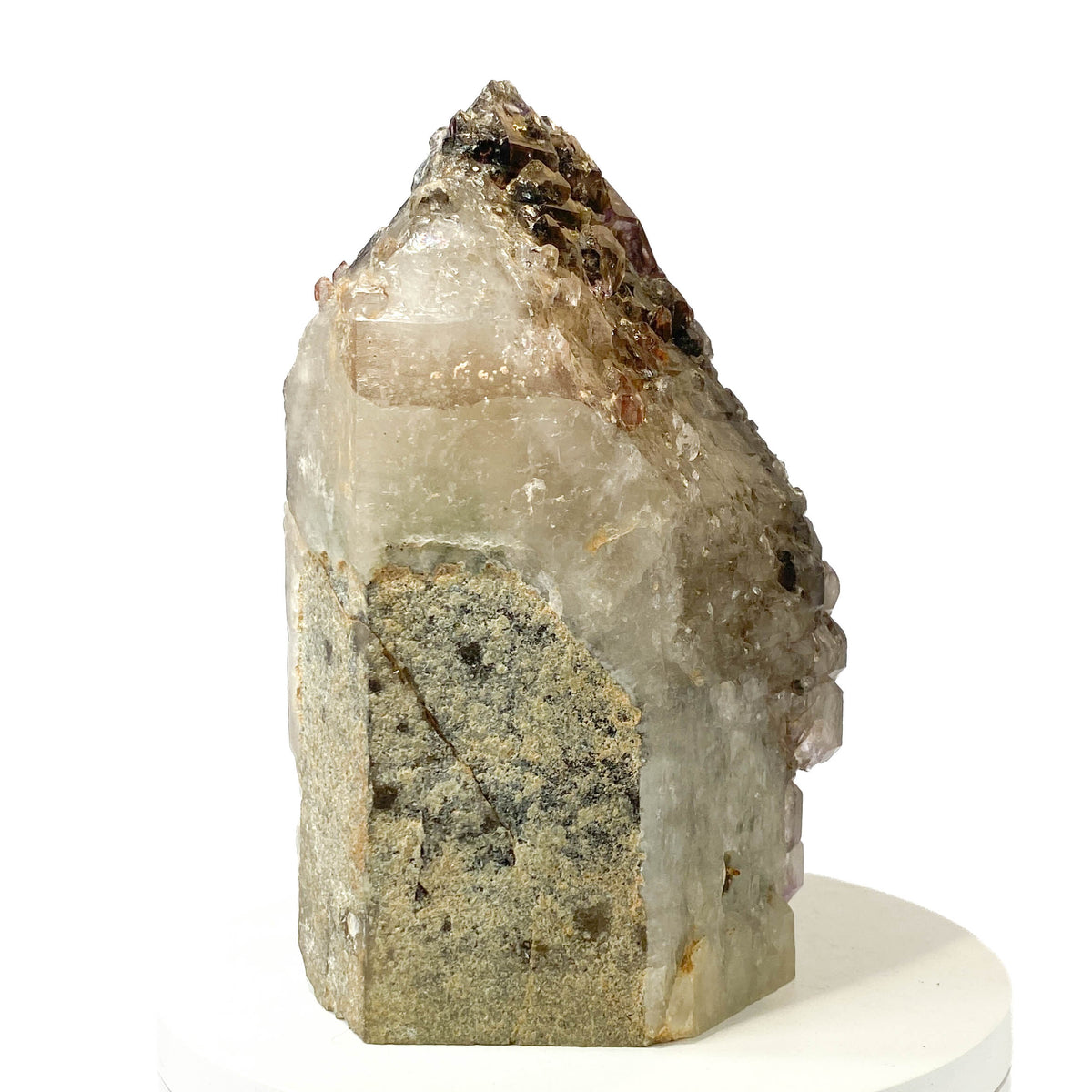 Montana amethyst standing crystal with jacaré elestial formation on white background