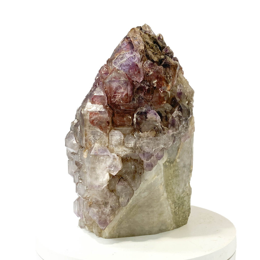 Montana amethyst standing crystal with jacaré elestial formation on white background