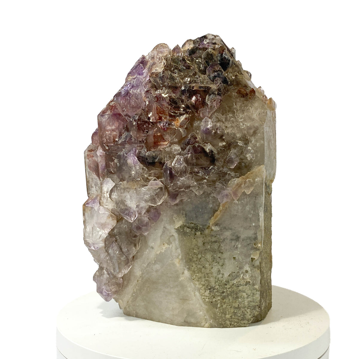 Montana amethyst standing crystal with jacaré elestial formation on white background