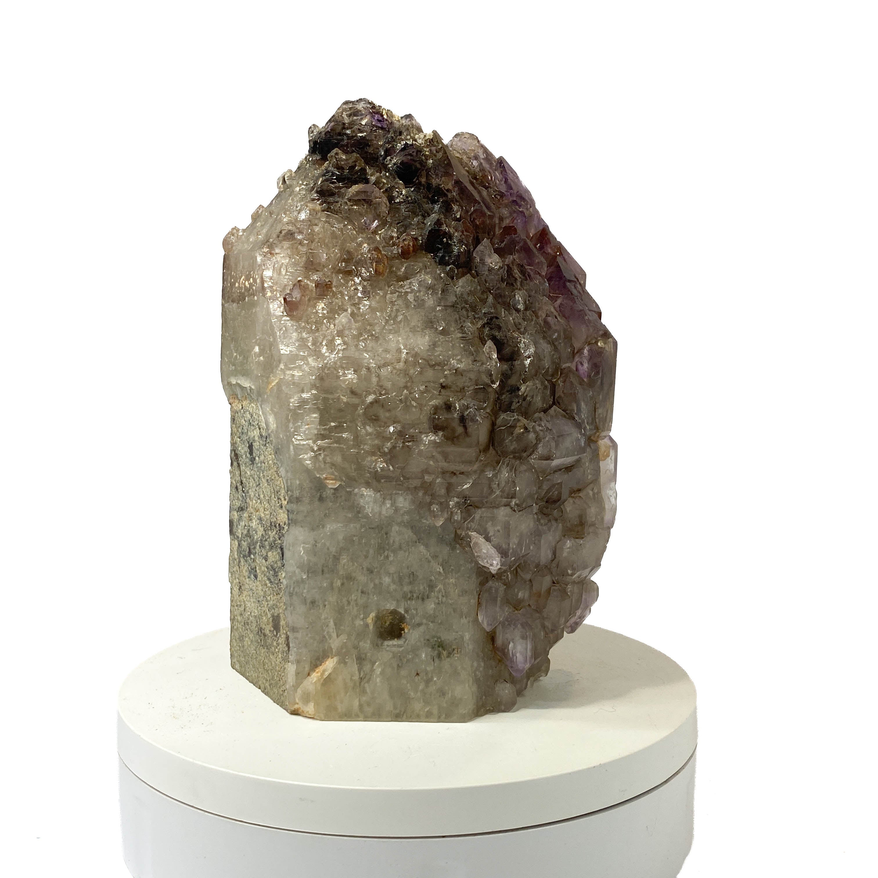 Montana amethyst standing crystal with jacaré elestial formation on white background