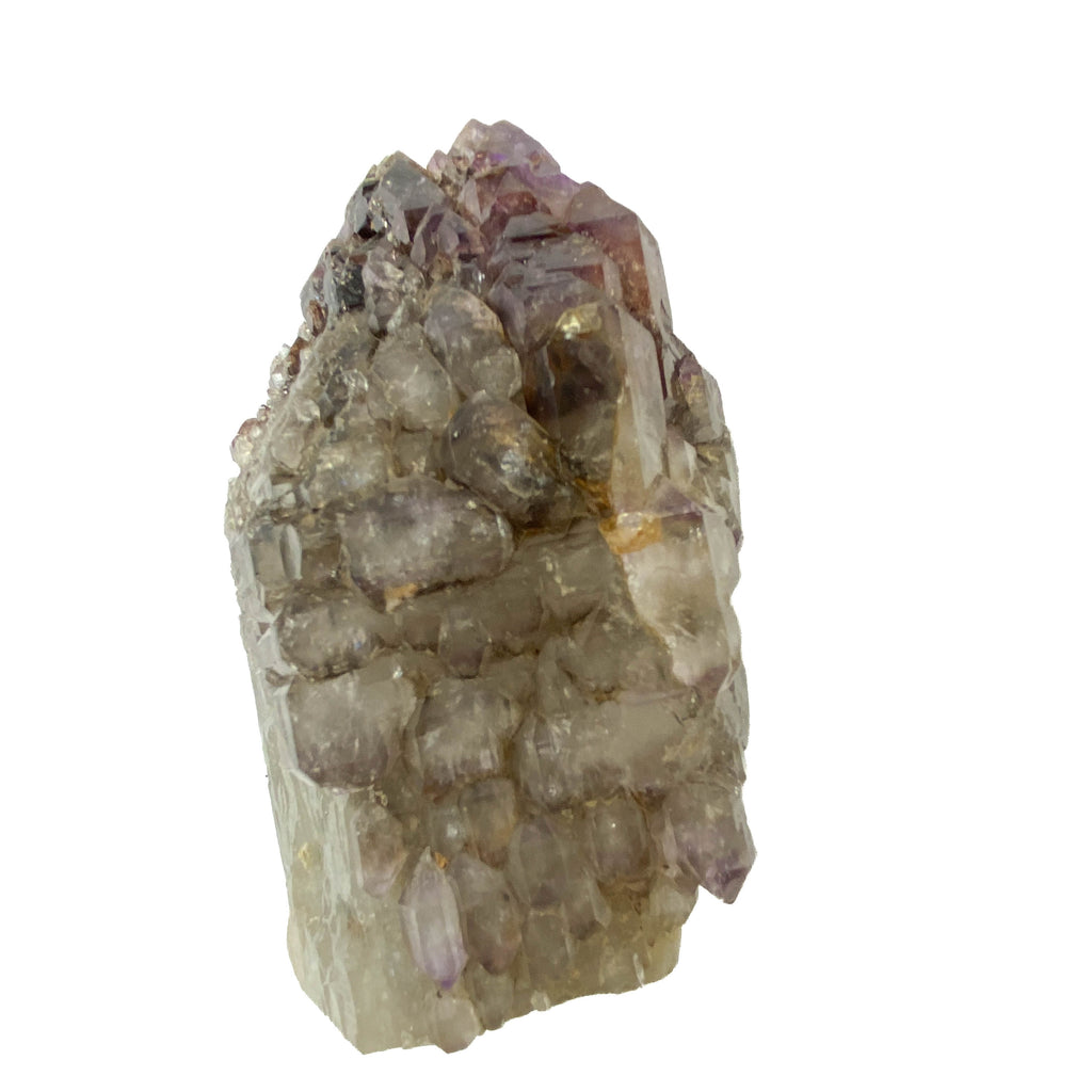 Montana amethyst standing crystal with jacaré elestial formation on white background