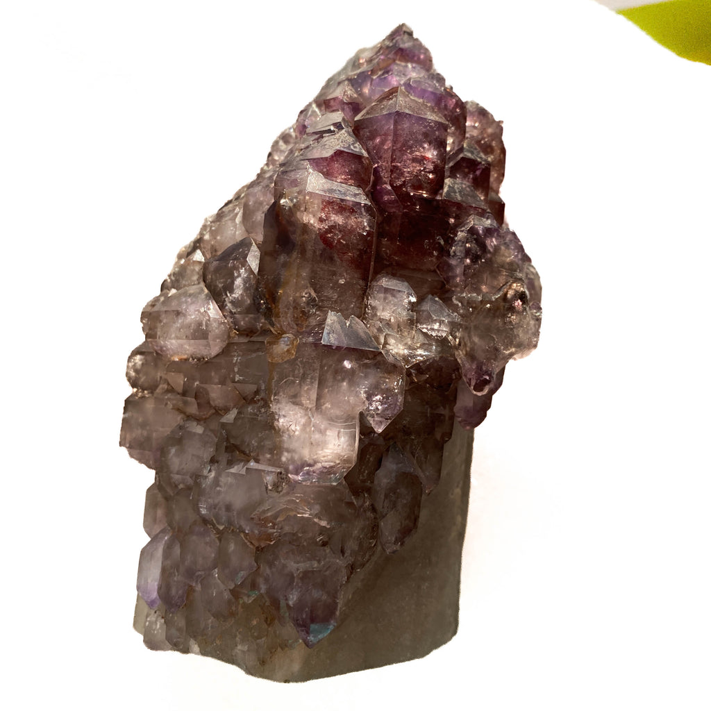 Montana amethyst standing crystal with jacaré elestial formation on white background