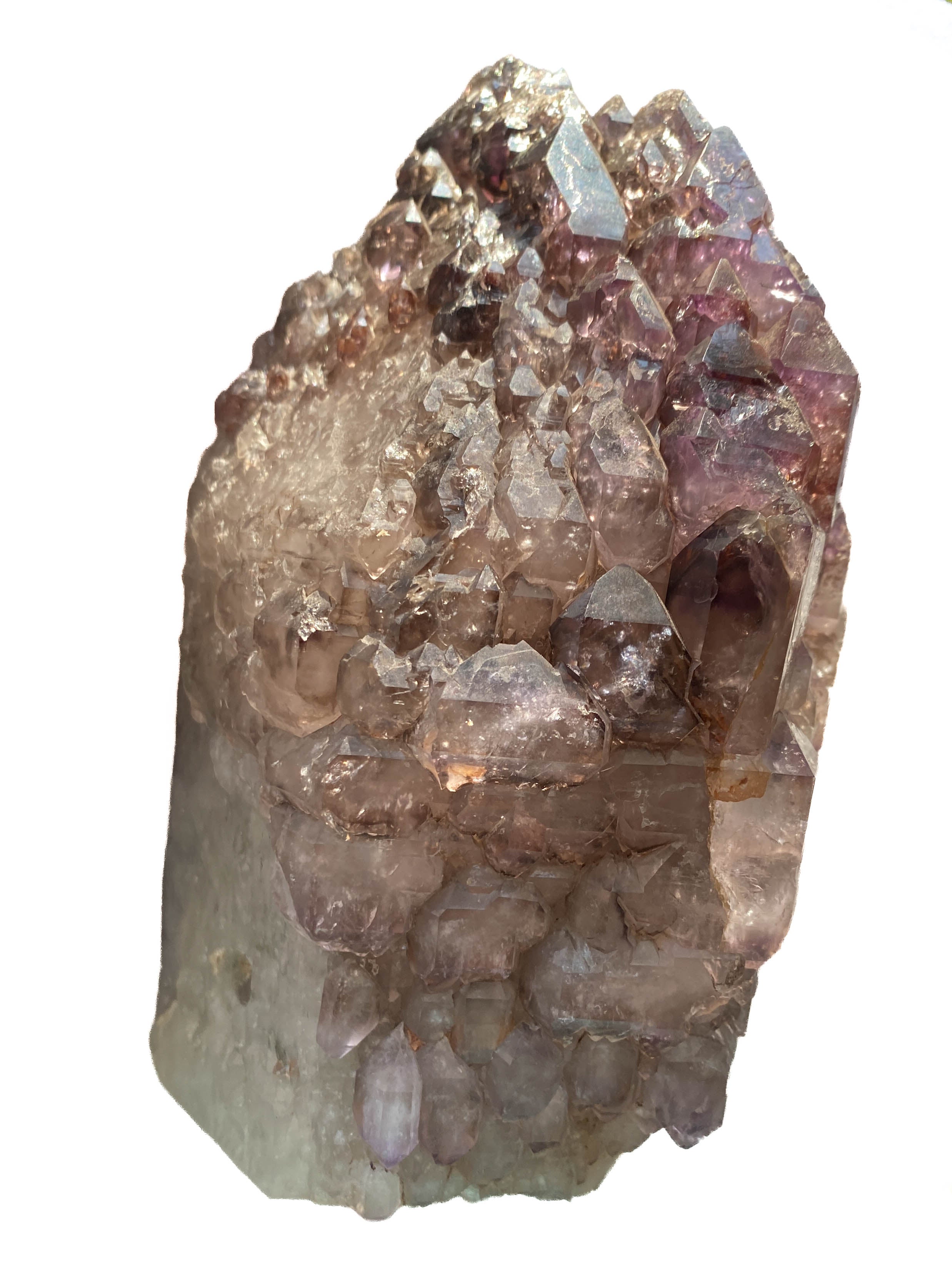 Montana amethyst standing crystal with jacaré elestial formation on white background