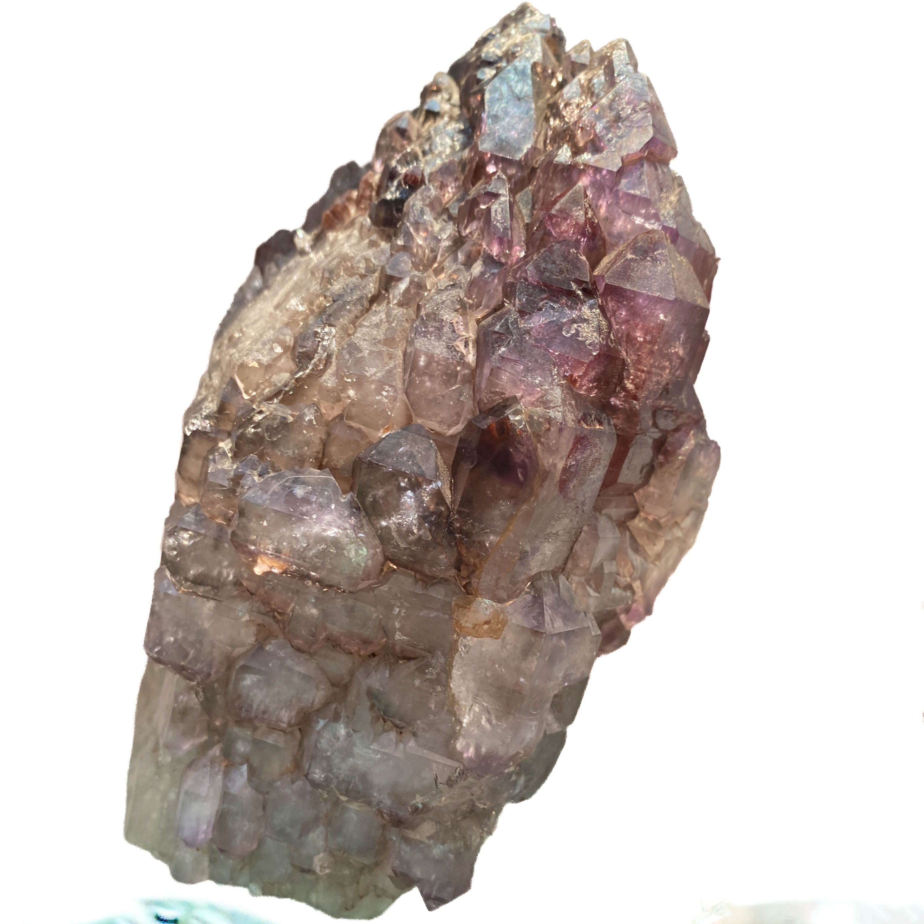 Montana amethyst standing crystal with jacaré elestial formation on white background