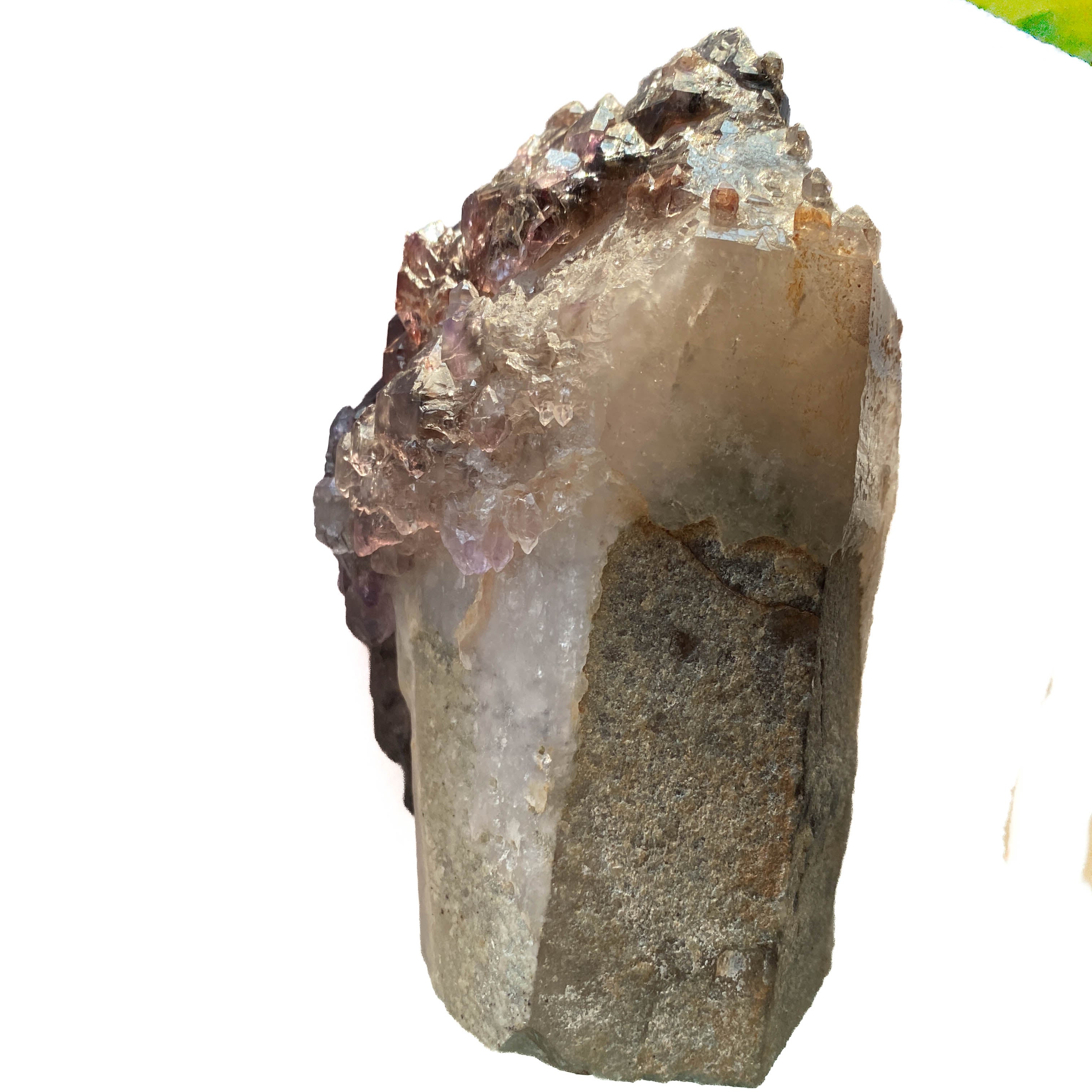 Montana amethyst standing crystal with jacaré elestial formation on white background