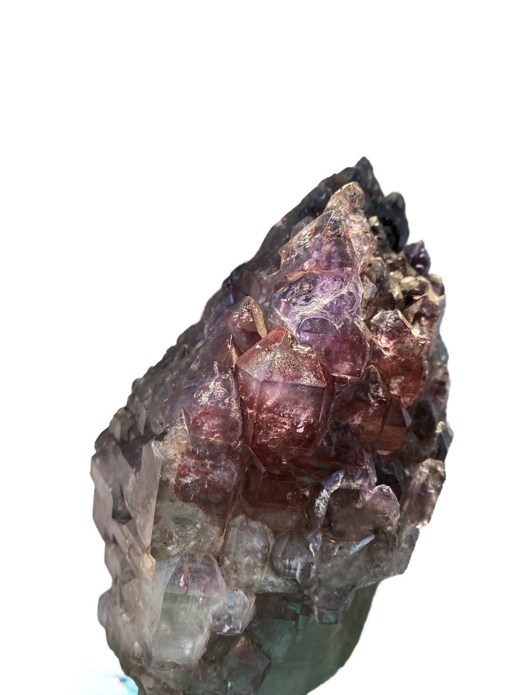 Montana amethyst standing crystal with jacaré elestial formation on white background