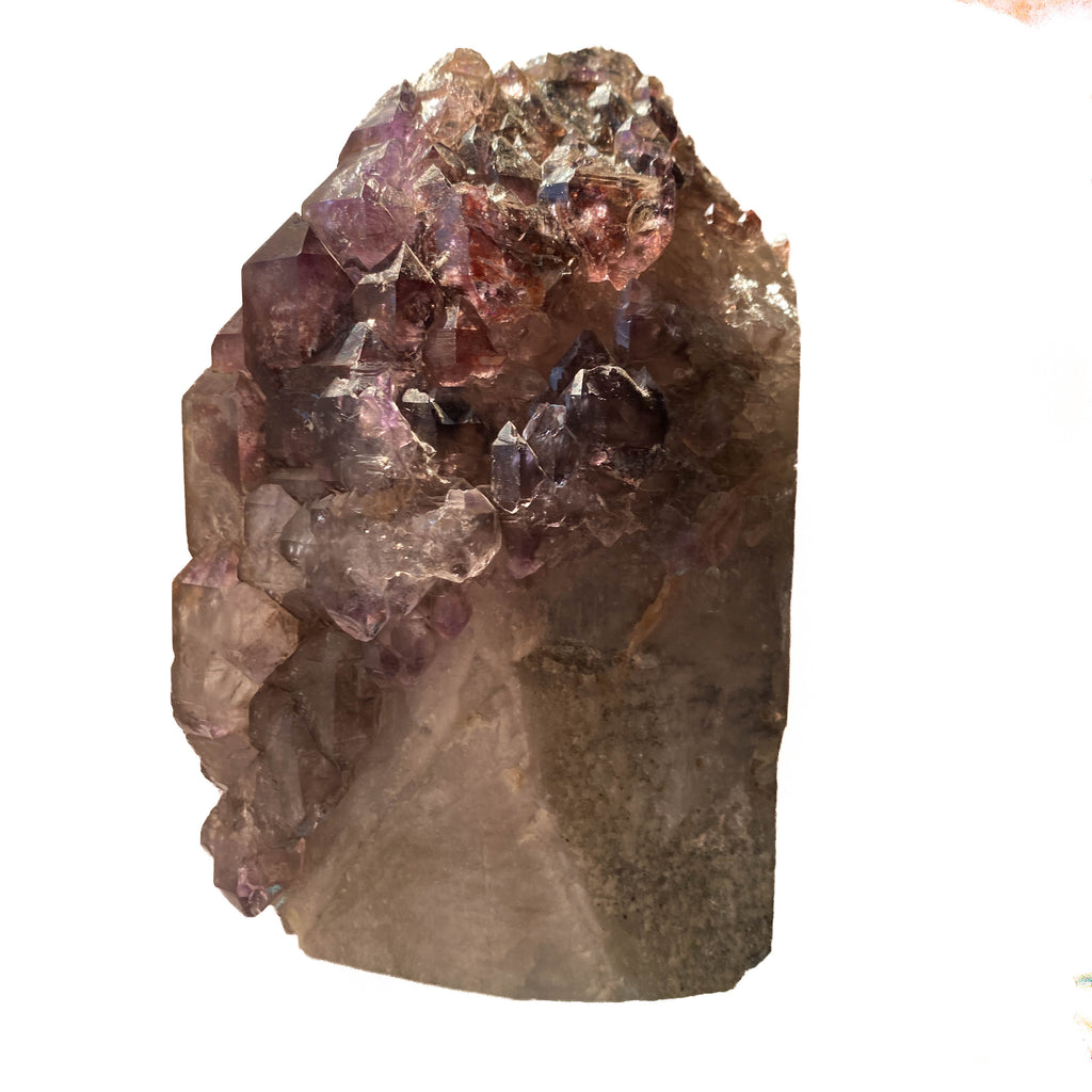 Montana amethyst standing crystal with jacaré elestial formation on white background
