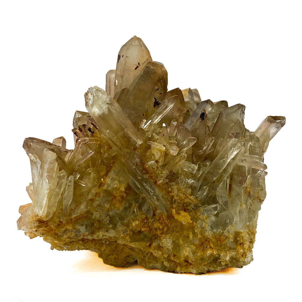 Smoky citrine quartz cluster with many crystal points on white background