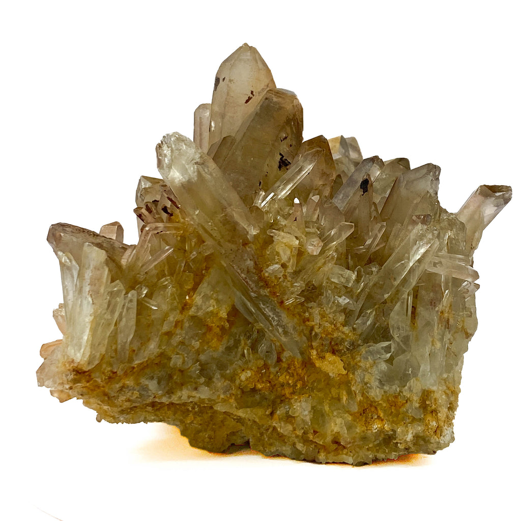 Smoky citrine quartz cluster with many crystal points on white background