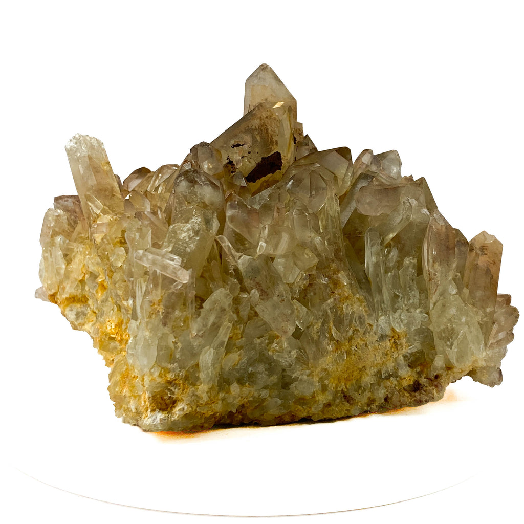 Smoky citrine quartz cluster with many crystal points on white background
