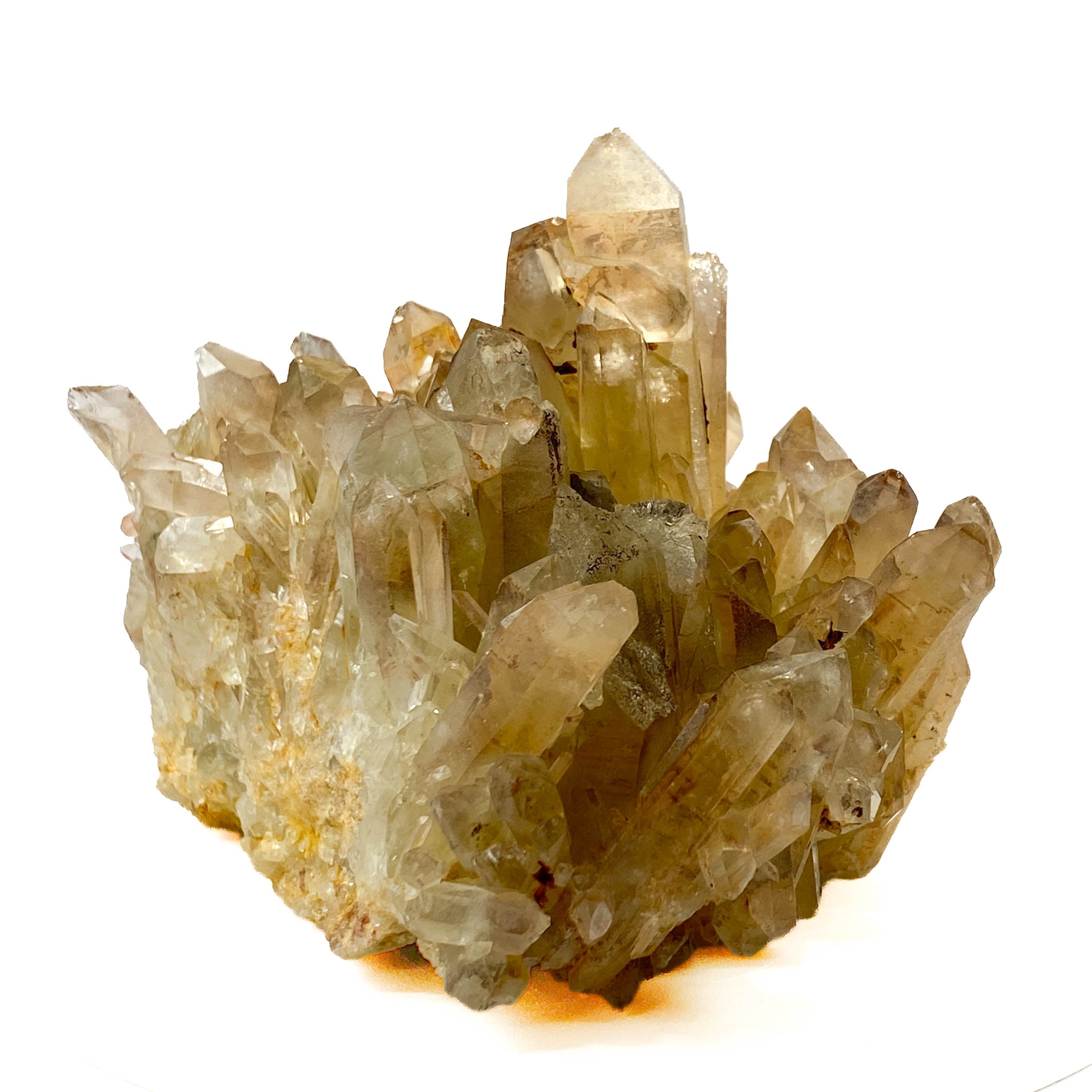 Smoky citrine quartz cluster with many crystal points on white background