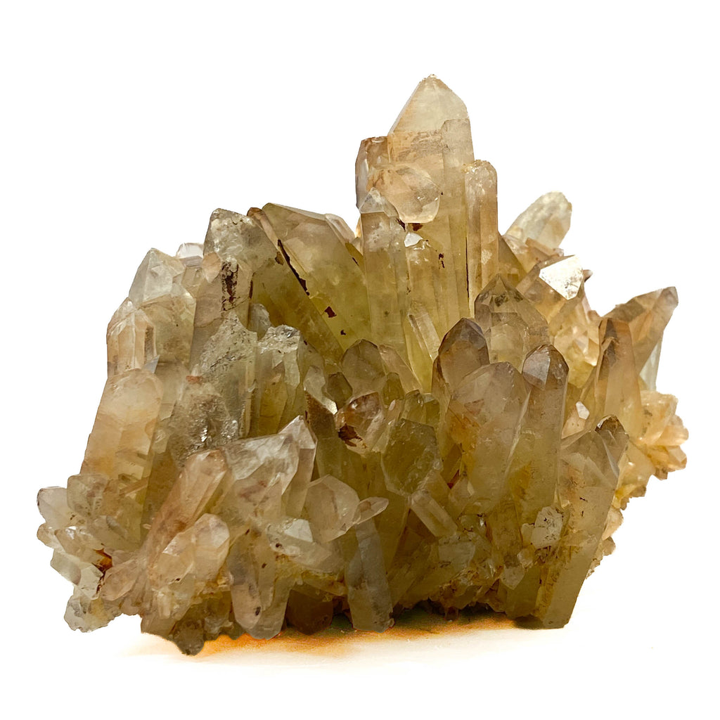 Smoky citrine quartz cluster with many crystal points on white background