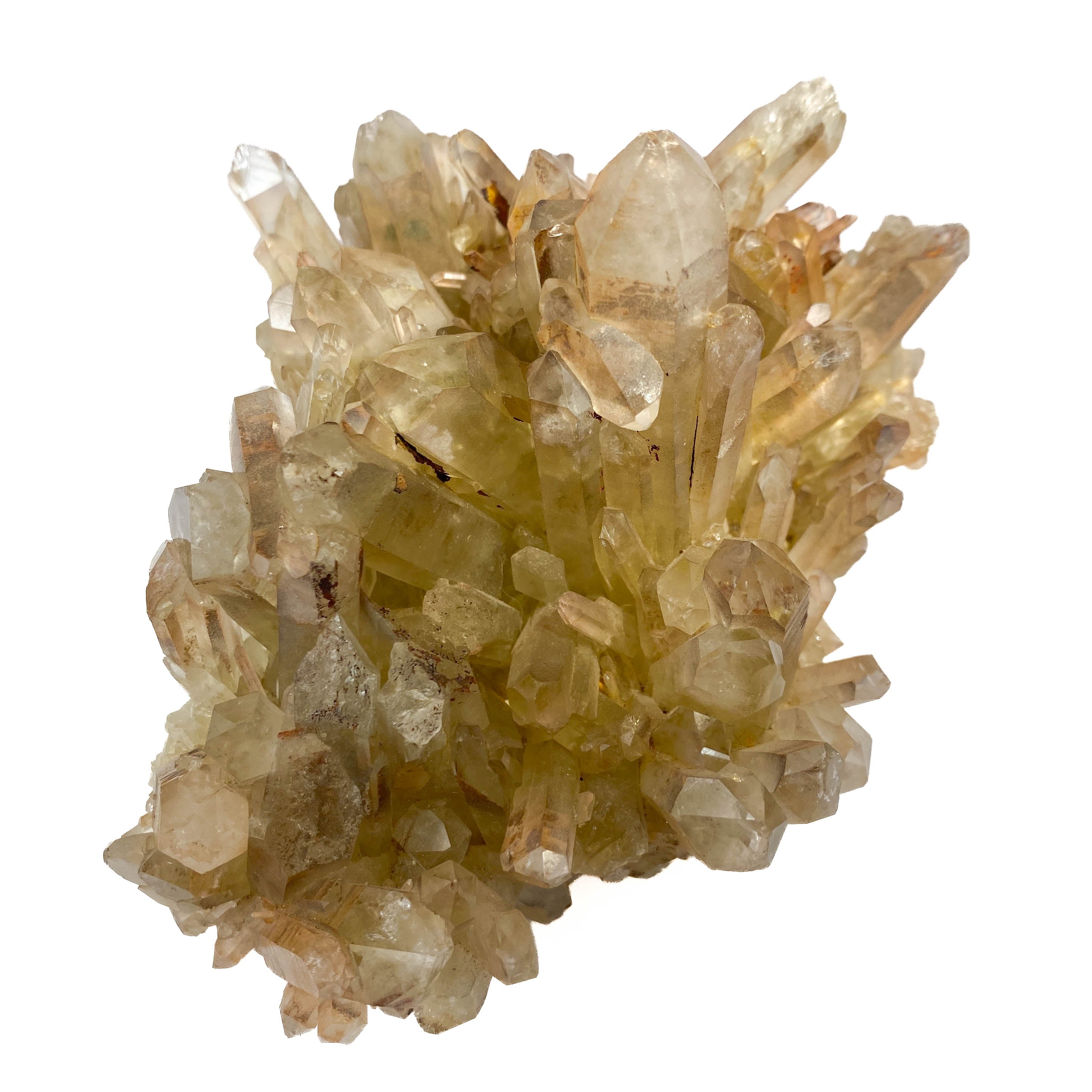 Smoky citrine quartz cluster with many crystal points on white background