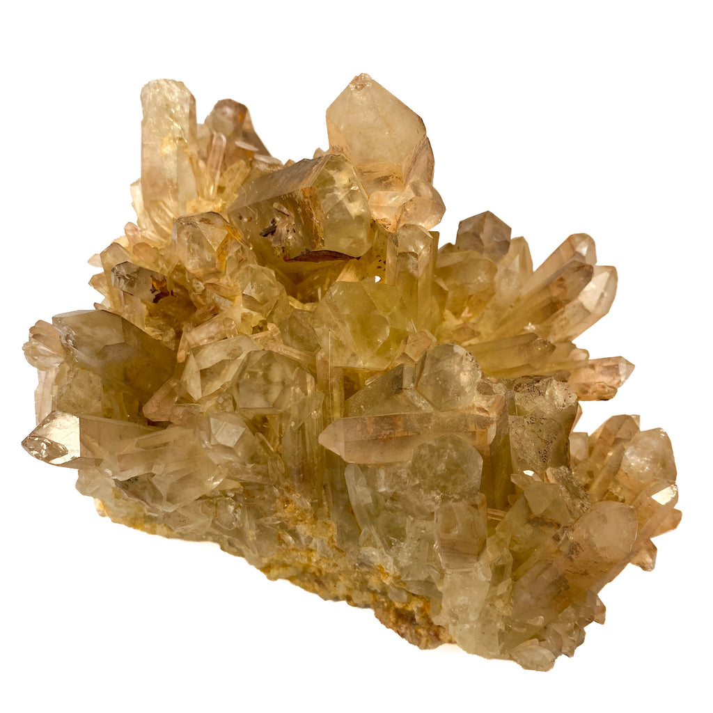 Smoky citrine quartz cluster with many crystal points on white background