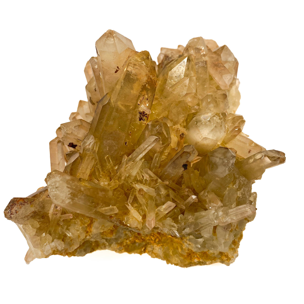 Smoky citrine quartz cluster with many crystal points on white background