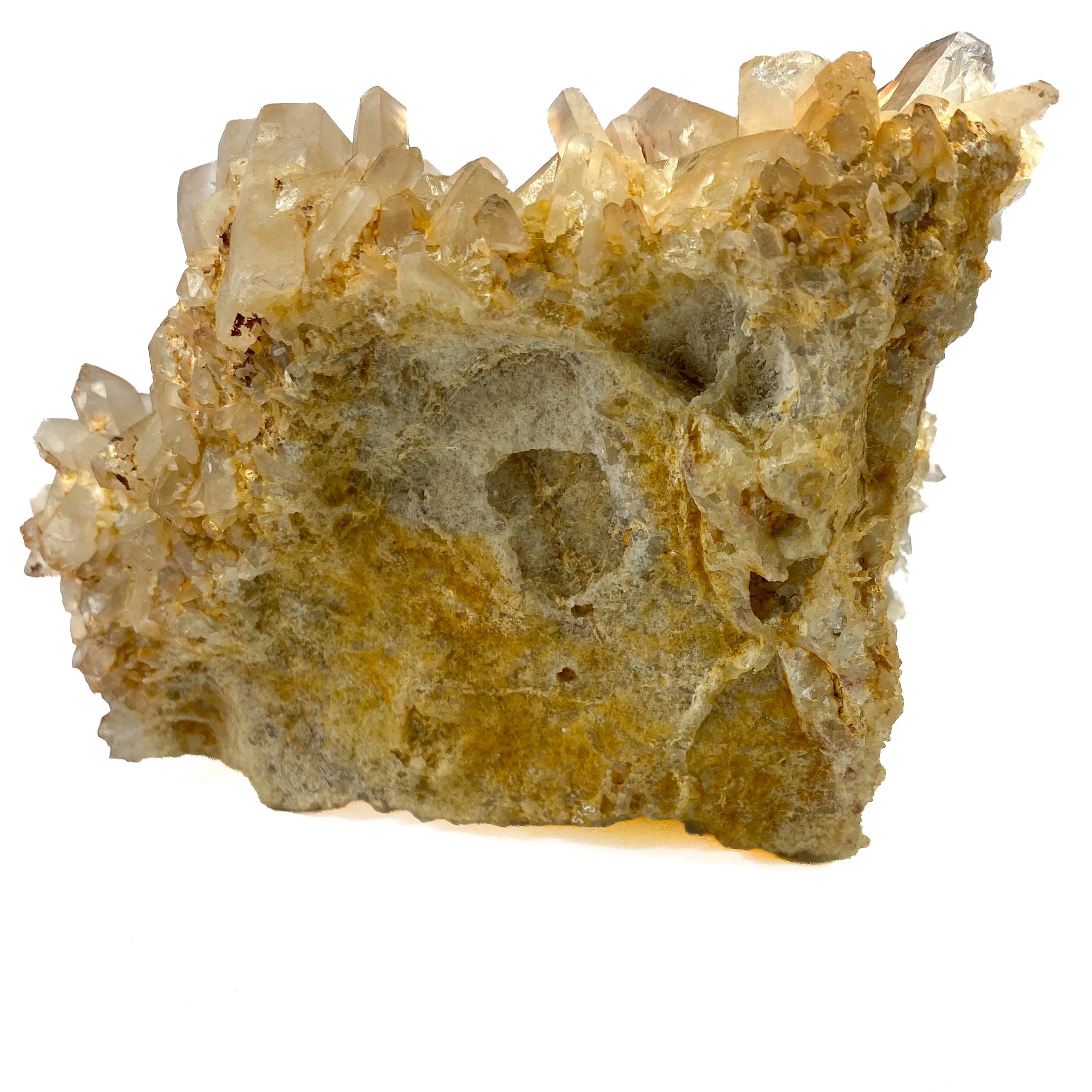 Smoky citrine quartz cluster with many crystal points on white background