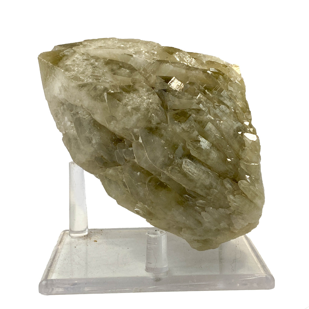 Elestial smoky citrine candle quartz point with daughter crystals on white background