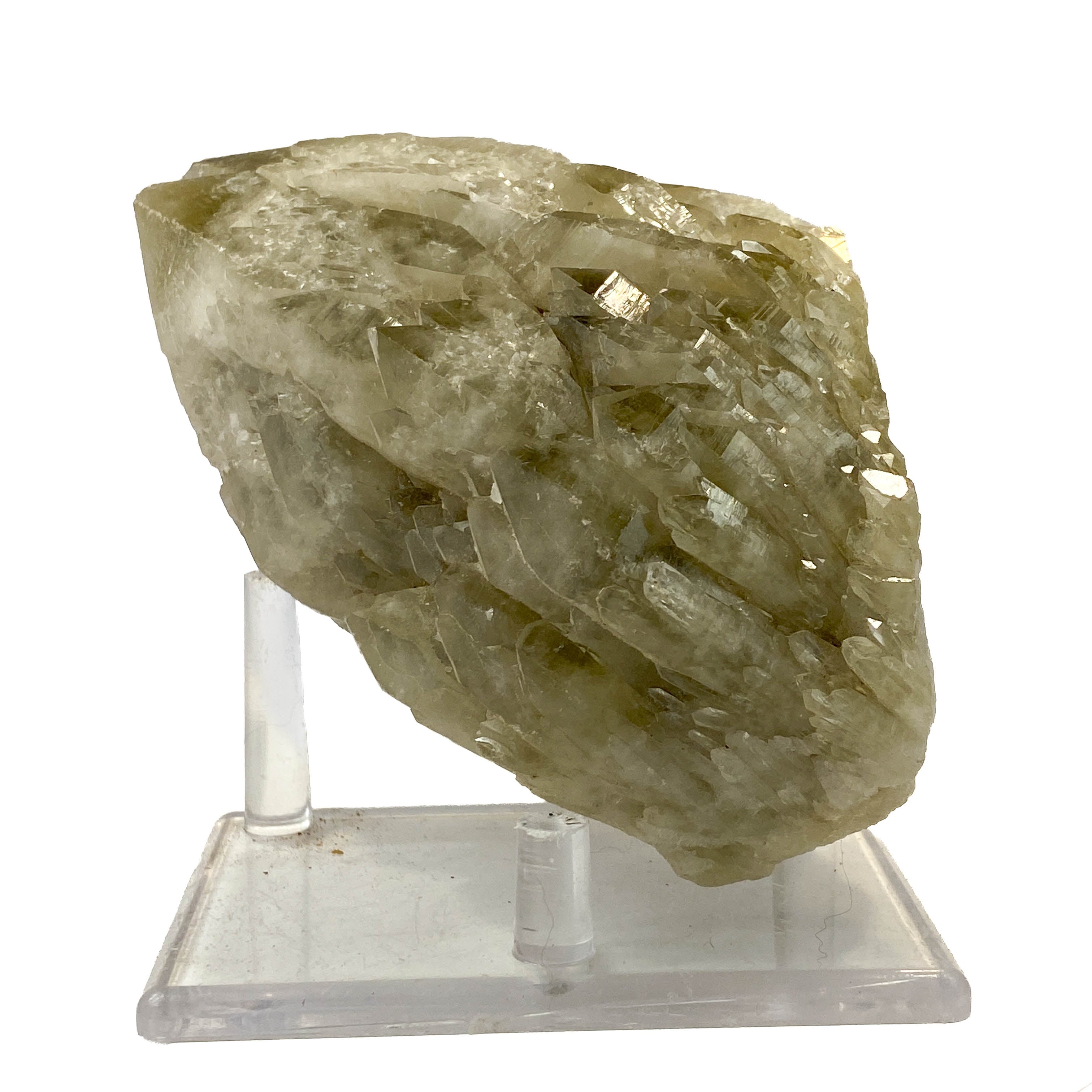 Elestial smoky citrine candle quartz point with daughter crystals on white background