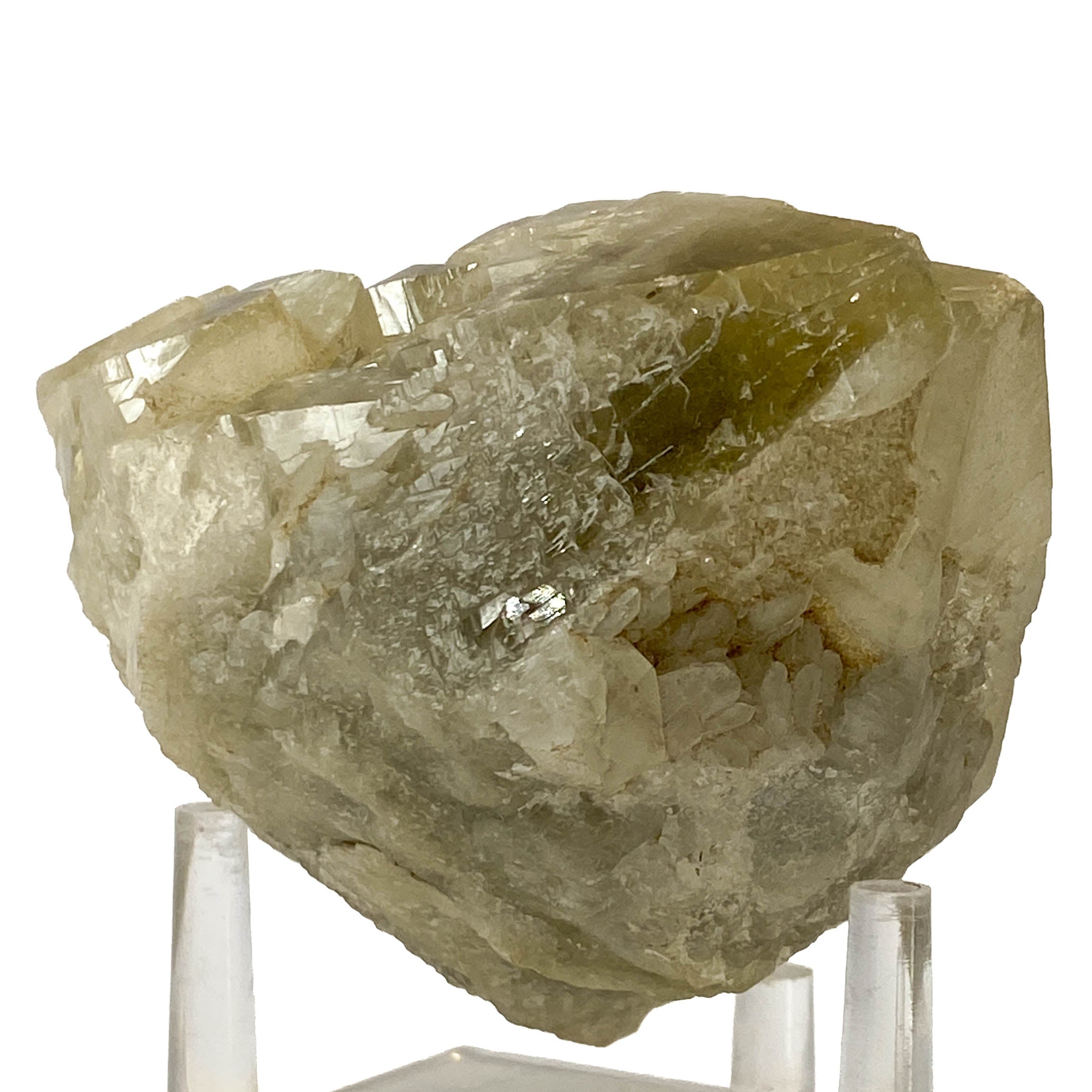 Elestial smoky citrine candle quartz point with daughter crystals on white background