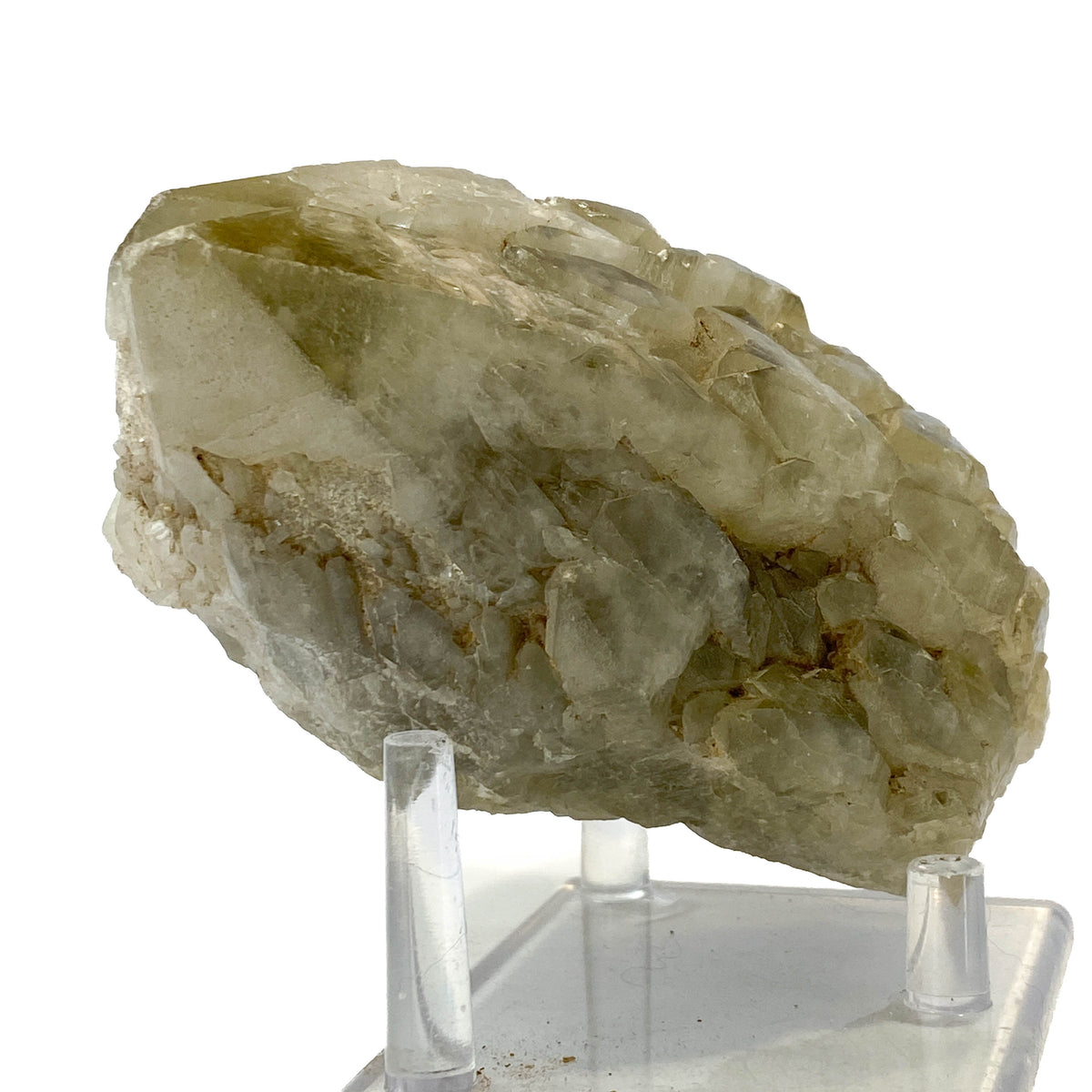 Elestial smoky citrine candle quartz point with daughter crystals on white background