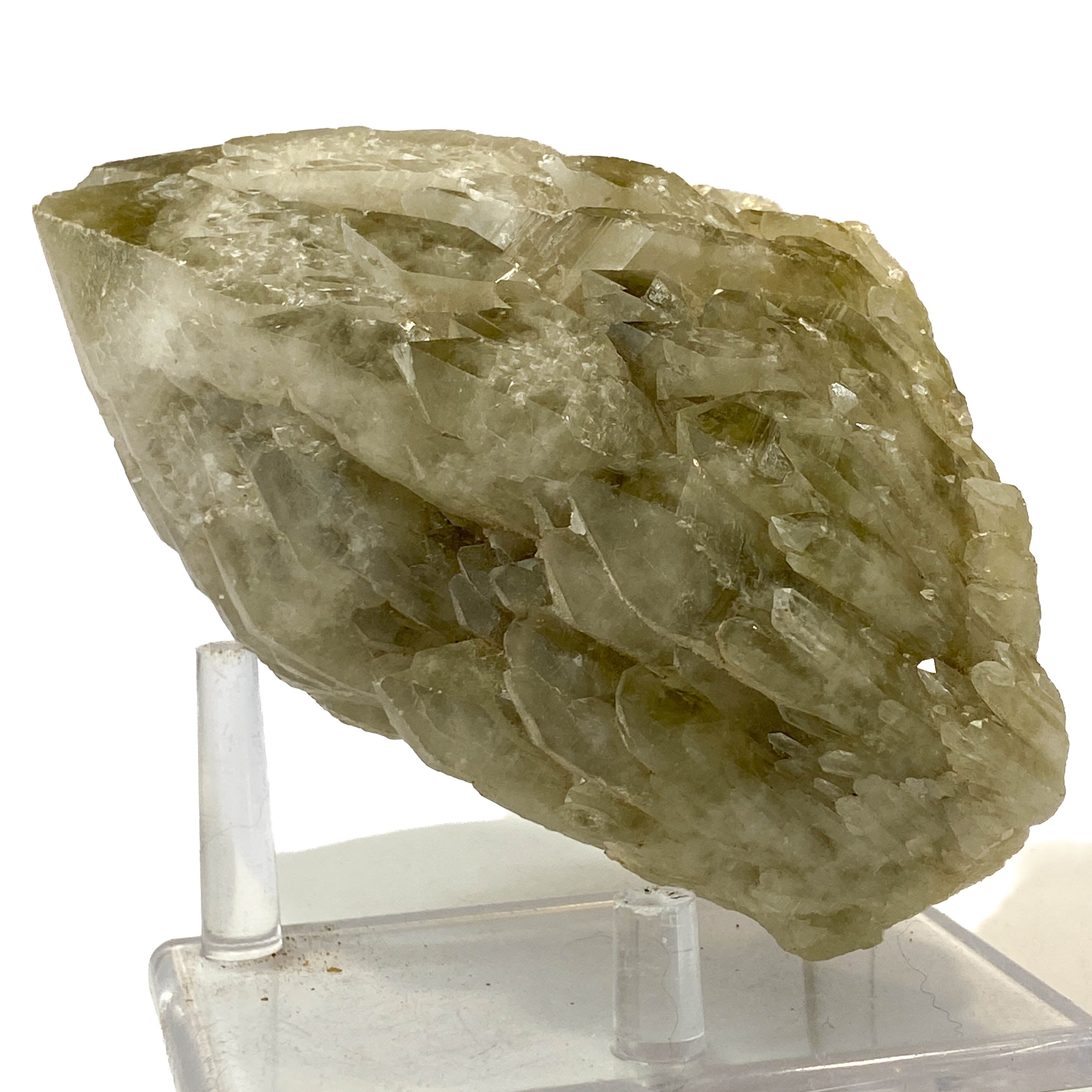 Elestial smoky citrine candle quartz point with daughter crystals on white background