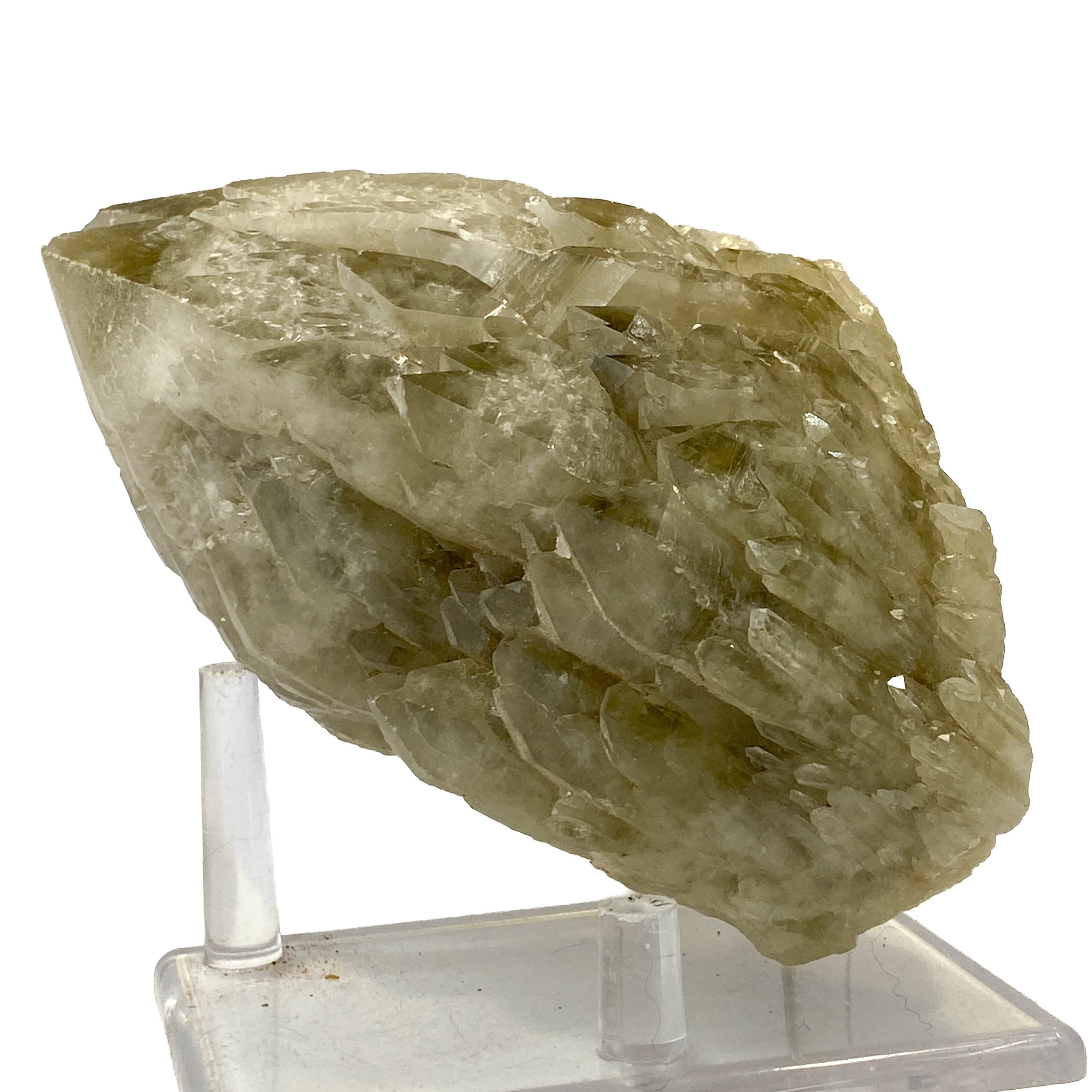 Elestial smoky citrine candle quartz point with daughter crystals on white background