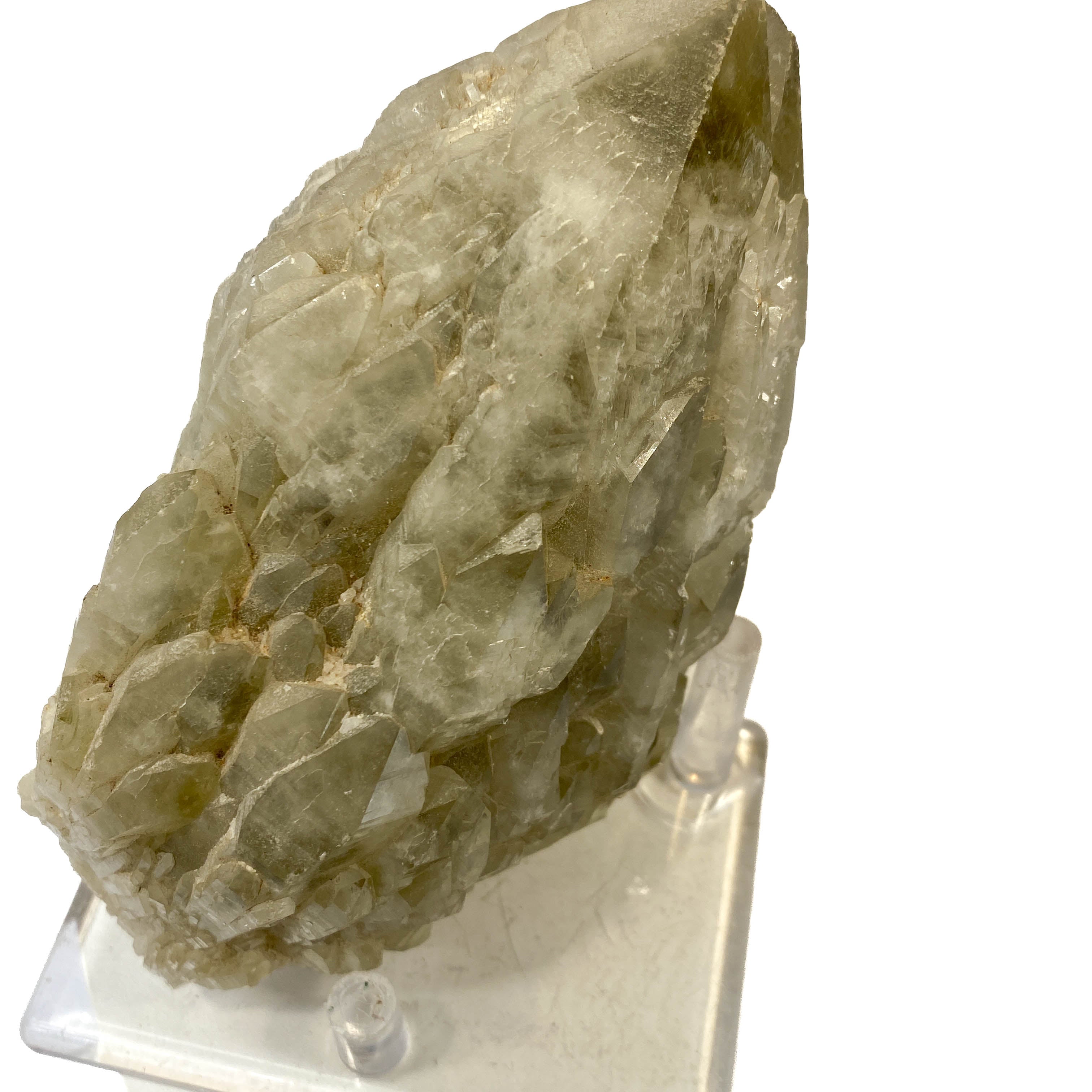 Elestial smoky citrine candle quartz point with daughter crystals on white background