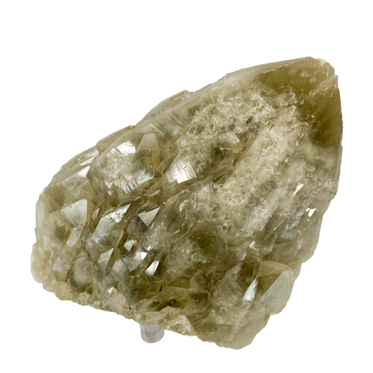 Elestial smoky citrine candle quartz point with daughter crystals on white background